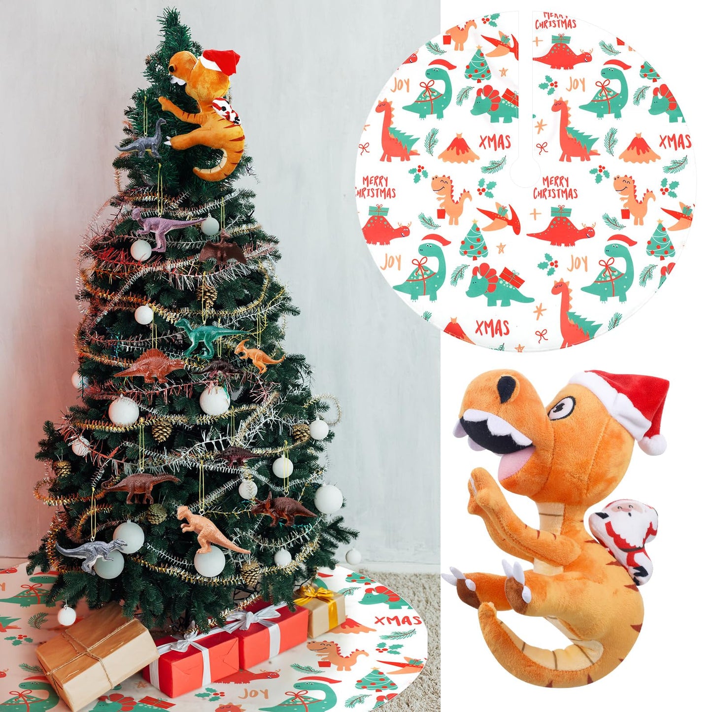 Leyndo 26 Pcs Christmas Tree Topper Ornaments Set Santa Riding Dinosaur Topper 24 Pcs Dinosaur Ornaments 30'' Xmas Tree Skirt