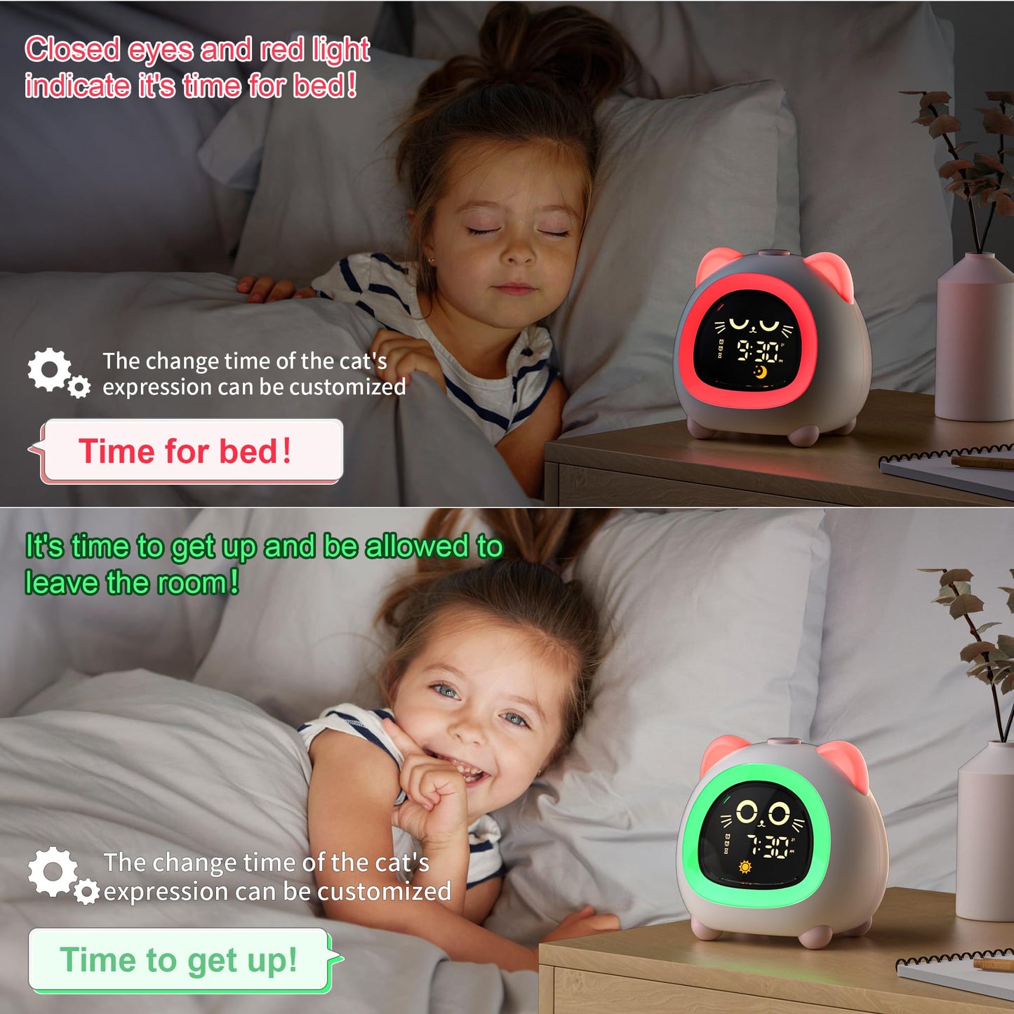 ANALOI Alarm Clock for Kids, Ok to Wake Clock for Kids with Eye Protection Sleep Training Auto Off Feature 10 Night Light Dual Alarm for Bedroom, Kids Alarm Clock Pink Cat Gifts for Girls