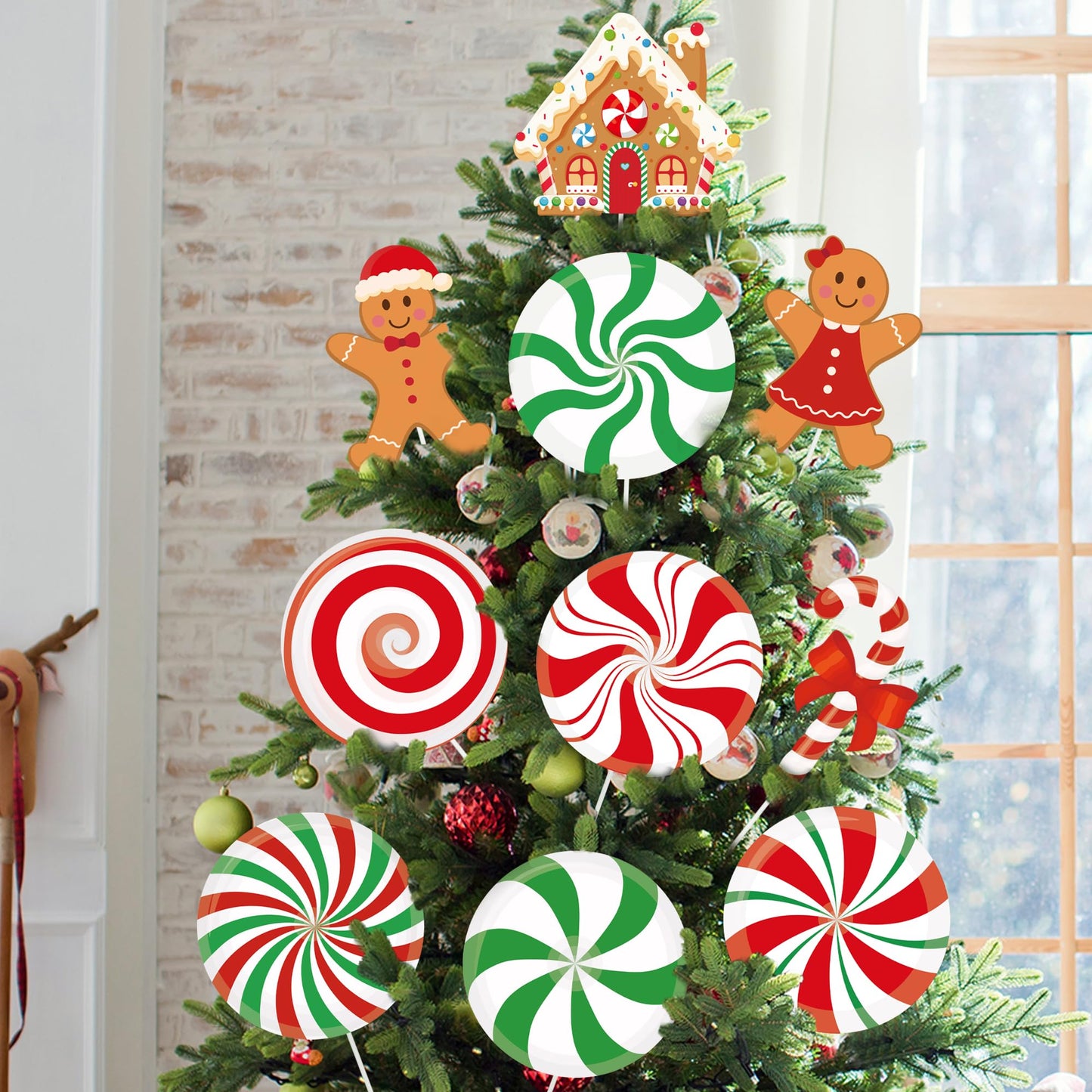 12 PCS Large Candy Gingerbread Christmas Tree Picks 10 Inch Candy Cane Gingerbread Man Christmas Tree Ornaments Peppermint Lollipop Hanging Decor for Xmas Trees Topper New Year Holiday Party Decor