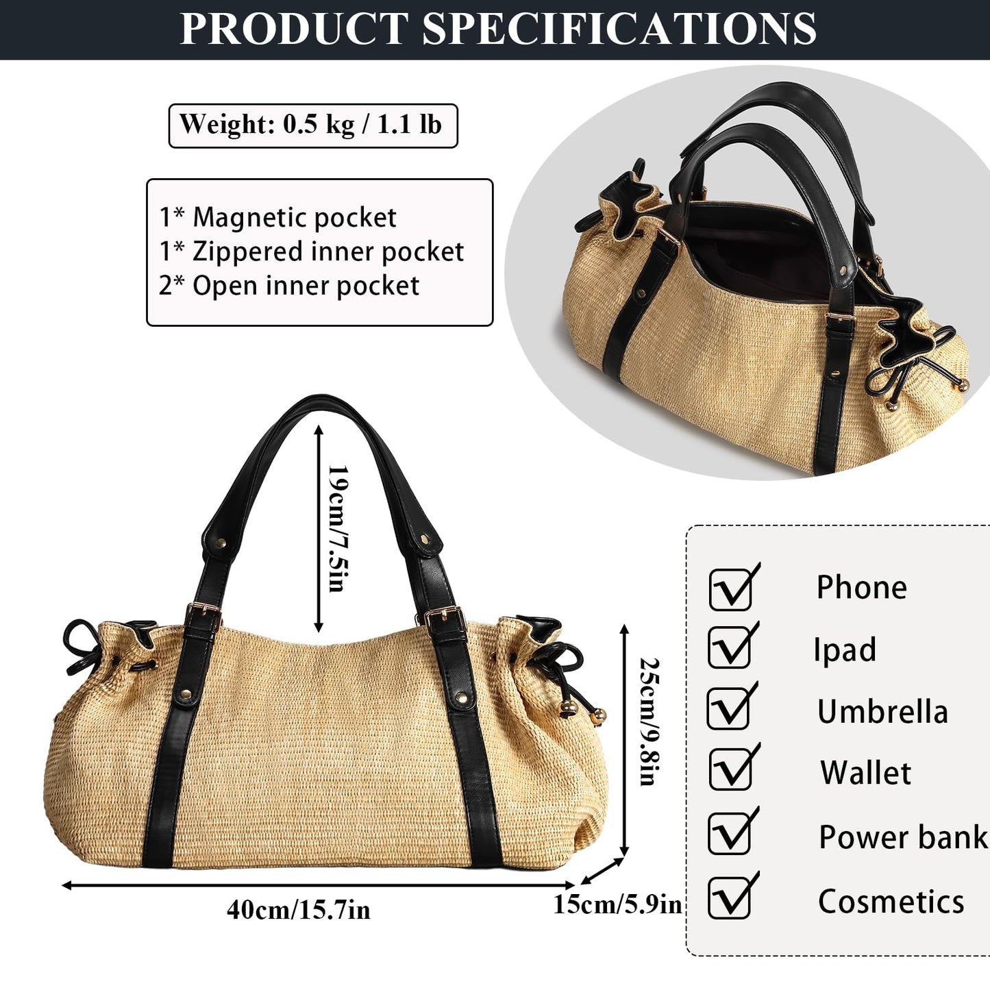 OWGSEE Straw Tote Bags for Women, Y2K Large Soft Summer Straw Purses and Handbags Shoulder Woven Raffia Beach Boho Bag(Khaki)