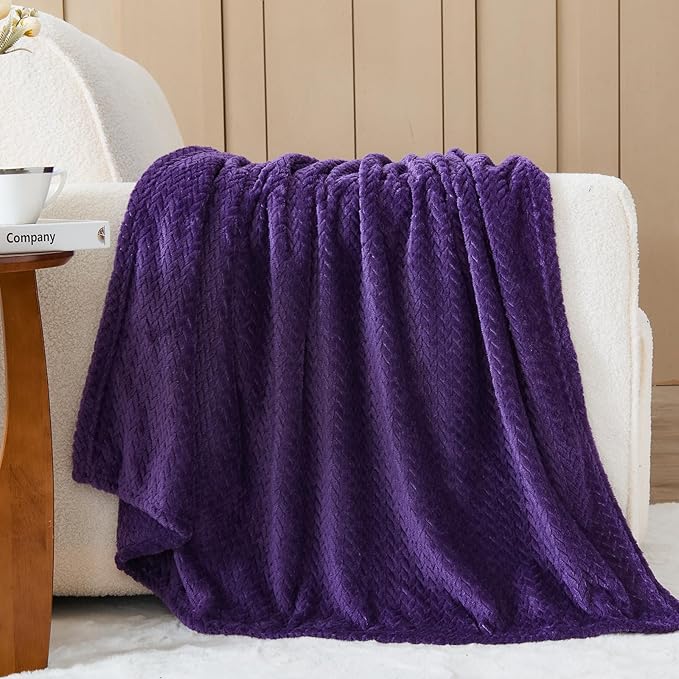 NEWCOSPLAY Super Soft Queen Blanket Dark Purple Premium Silky Flannel Fleece Leaves Pattern Lightweight Bed Blanket All Season Use (Dark Purple, Queen(90"x90"))