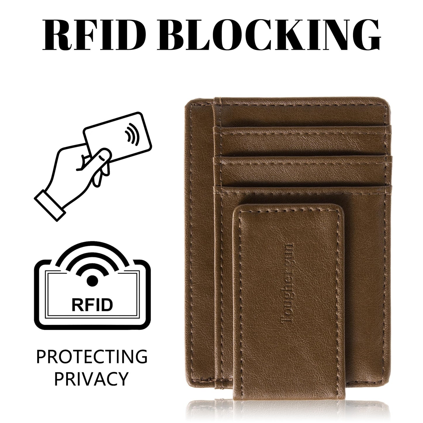 Toughergun Slim Wallet for Men RFID Blocking Money Clip, Minimalist Front Pocket Credit Card Holder, Magnetic Thin Mens Wallets with ID Window（Wax Brown）