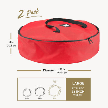 ZOBER 2 Pack Oxford Christmas Wreath Storage Container 36 Inch - Wreath Bag for Artificial Wreaths Box - Waterproof Fabric, Dual Zippered Wreaths Storage Bag With Strong Durable Handles - Red