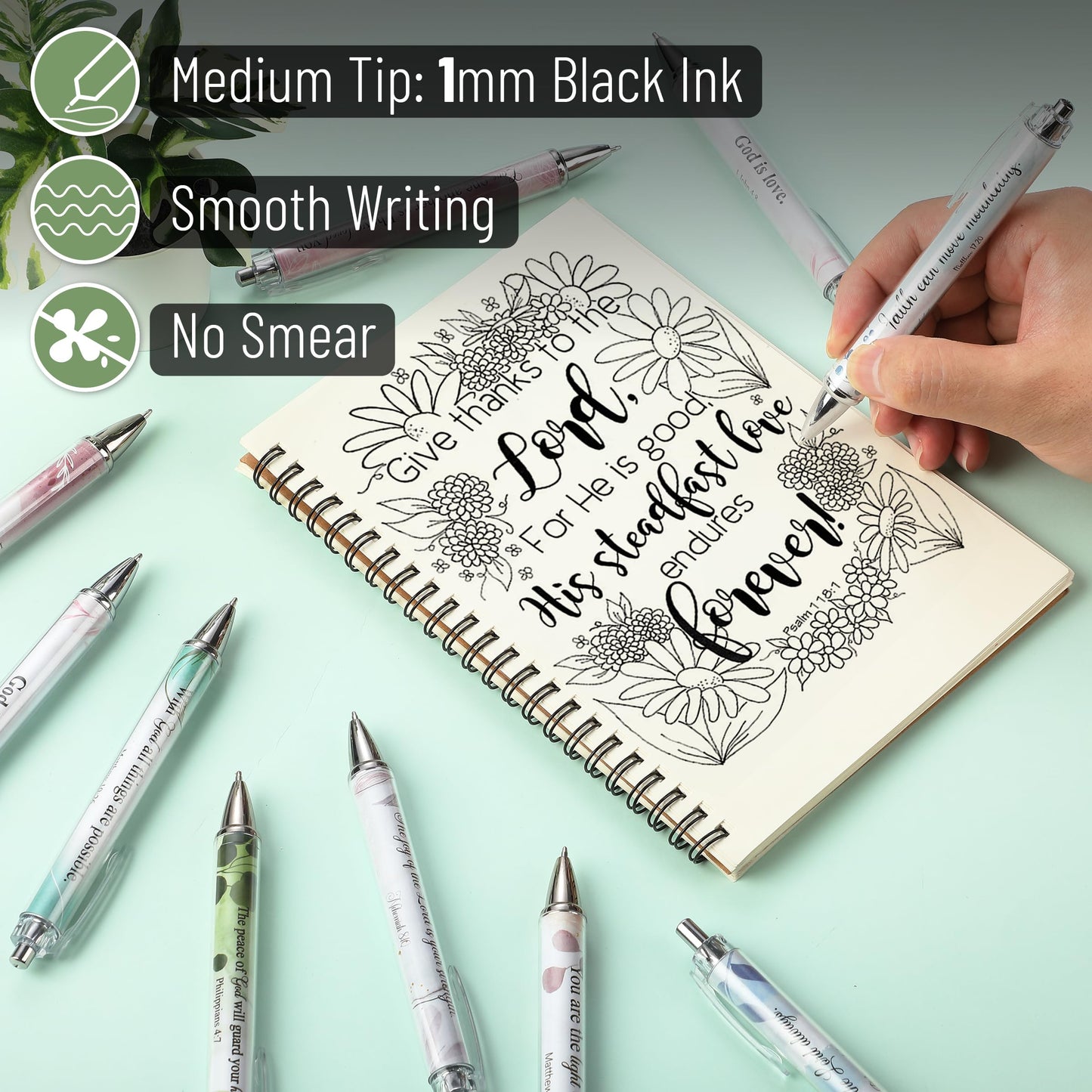 Mr. Pen- Christian Pen Set, 50 Pack, Floral, Black Ink, Bible Verse Pens Bulk, for Women Men