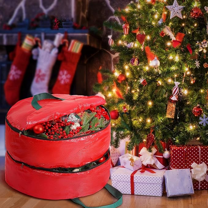Double Layer Christmas Wreath Storage Container Bag Wreath Storage Pure Color Seasonal Garland Holiday Container Festive Box with Dual Zippers and Handles for Xmas(30 Inch,Red)