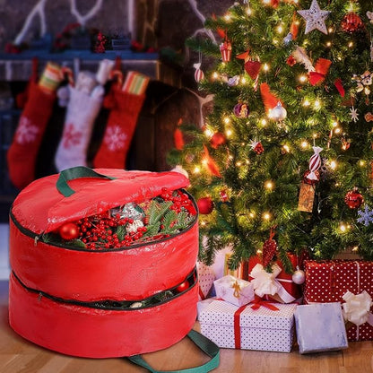 Double Layer Christmas Wreath Storage Container Bag Wreath Storage Pure Color Seasonal Garland Holiday Container Festive Box with Dual Zippers and Handles for Xmas(30 Inch,Red)