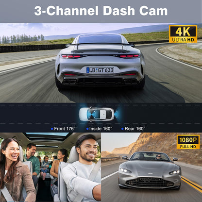Miden X5 4K WiFi Dash Cam Front and Rear Inside, 2160P+1080P+1080P FHD 3 Channel Dash Camera for Cars, 360° All Sides Dashcam, Free 64G SD Card, G-Sensor, WDR, Night Vision, 24H Parking Monitor