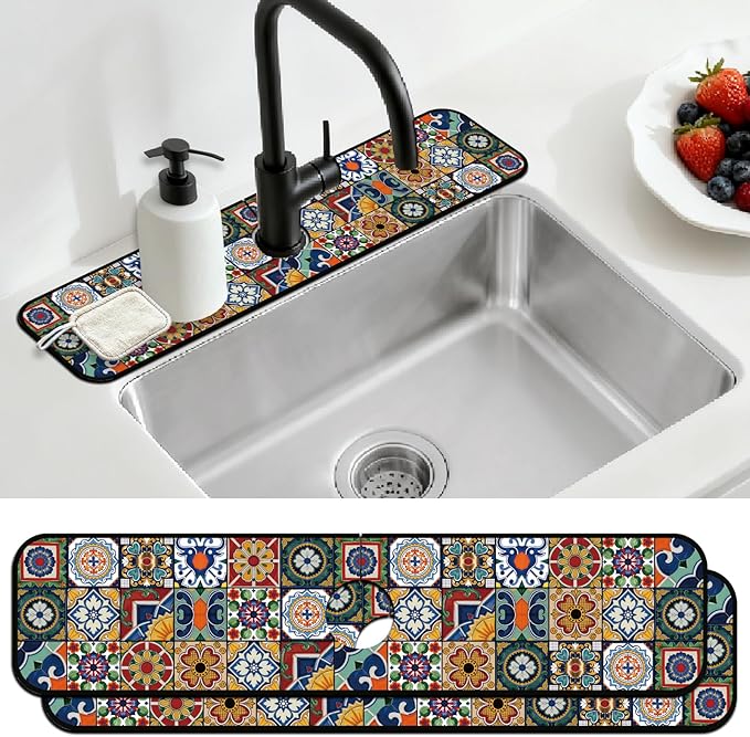 2 Pcs Kitchen Sink Splash Guard Faucet Mats Colored Bohemian Tiles Pattern