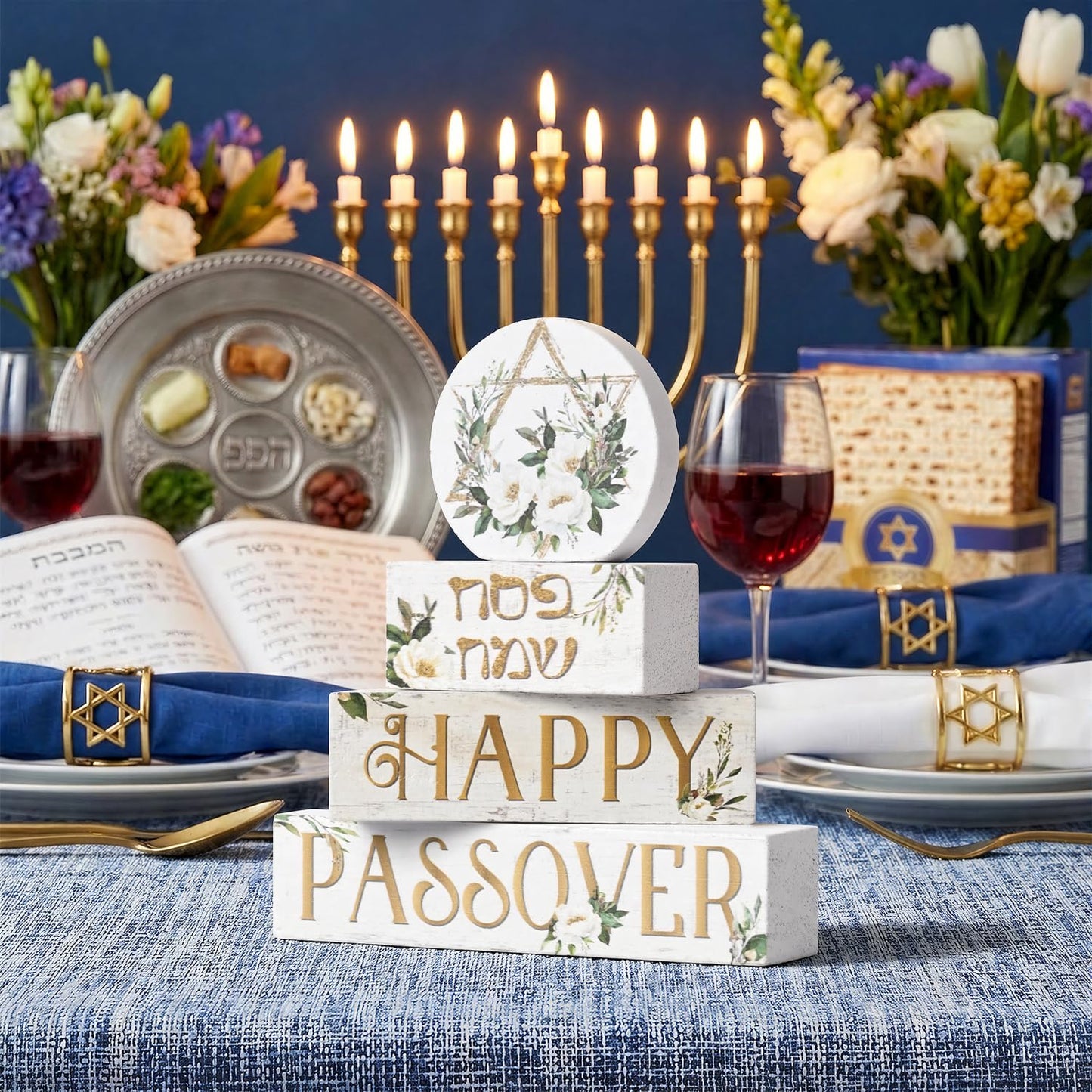 Smile Passover Wooden Decorations 4PCS Happy Passover Pesach, Star of David Tiered Tray Centerpieces Decor, Seder Jewish for Home Office