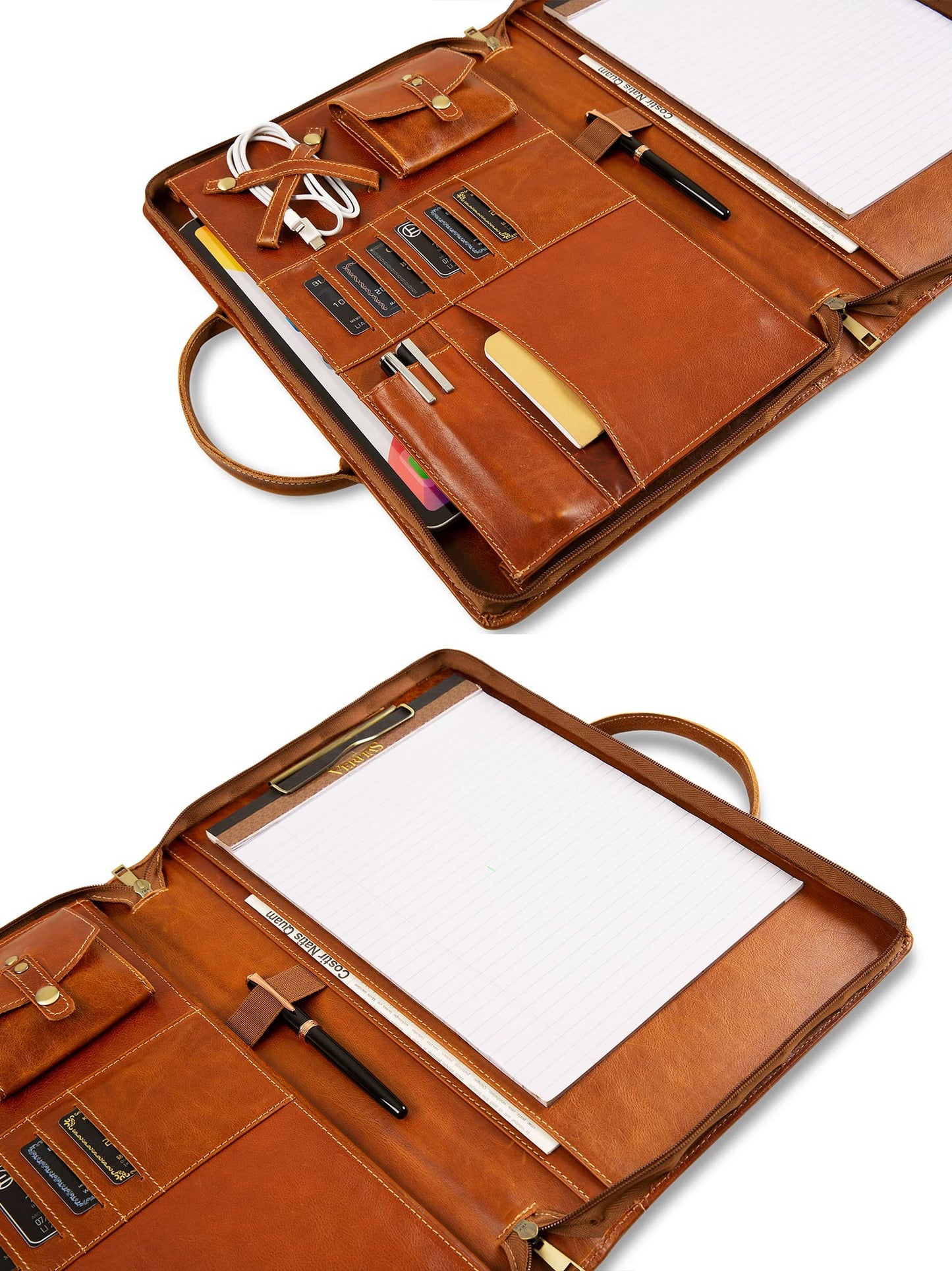 GZRHKJ Oil Wax Leather Portfolio, Padfolio Organizer with Handle, Personalized Padfolio，Padfolio With Zipper for Men Women，Suitable for 15-inch Laptop Legal Pad Padfolio, Brown