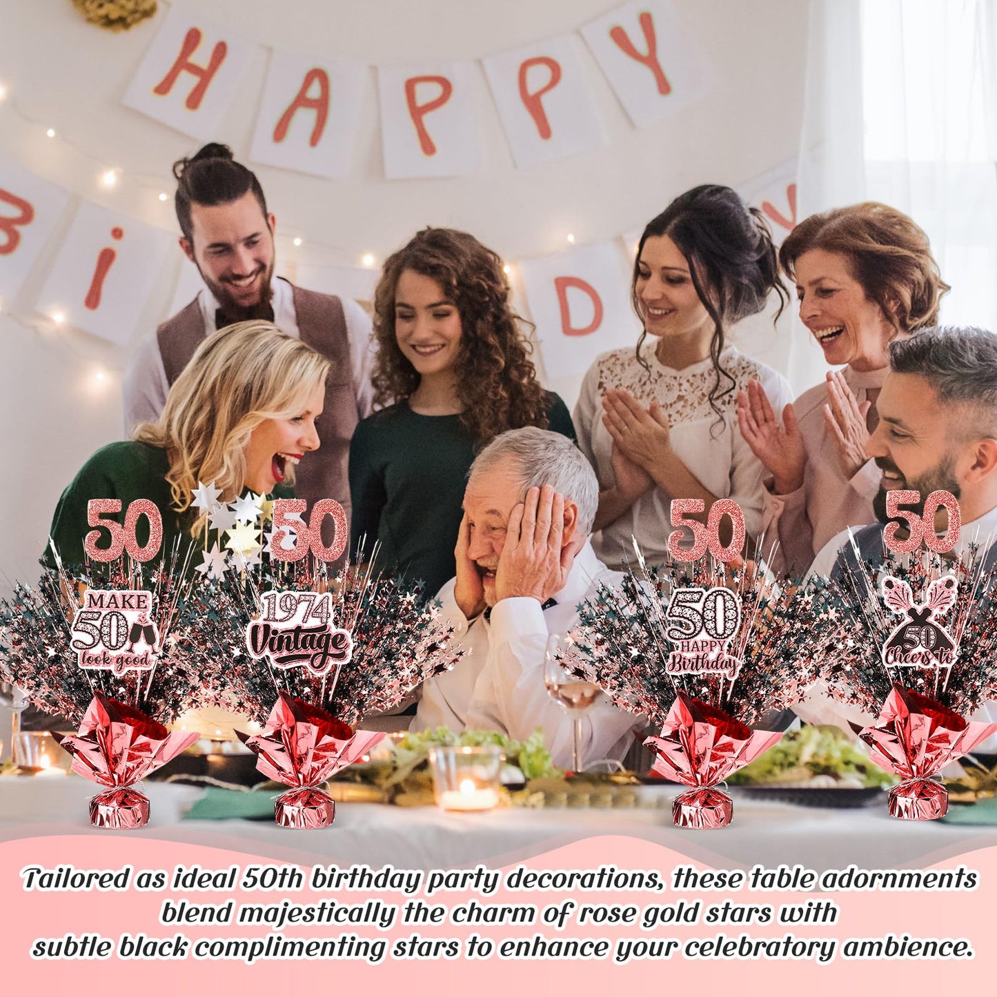 XunYee 4 Set Womans 50th Birthday Table Decorations Black Rose Gold Metallic Star 50th Birthday Decorations for Her Wedding Anniversary Centerpiece