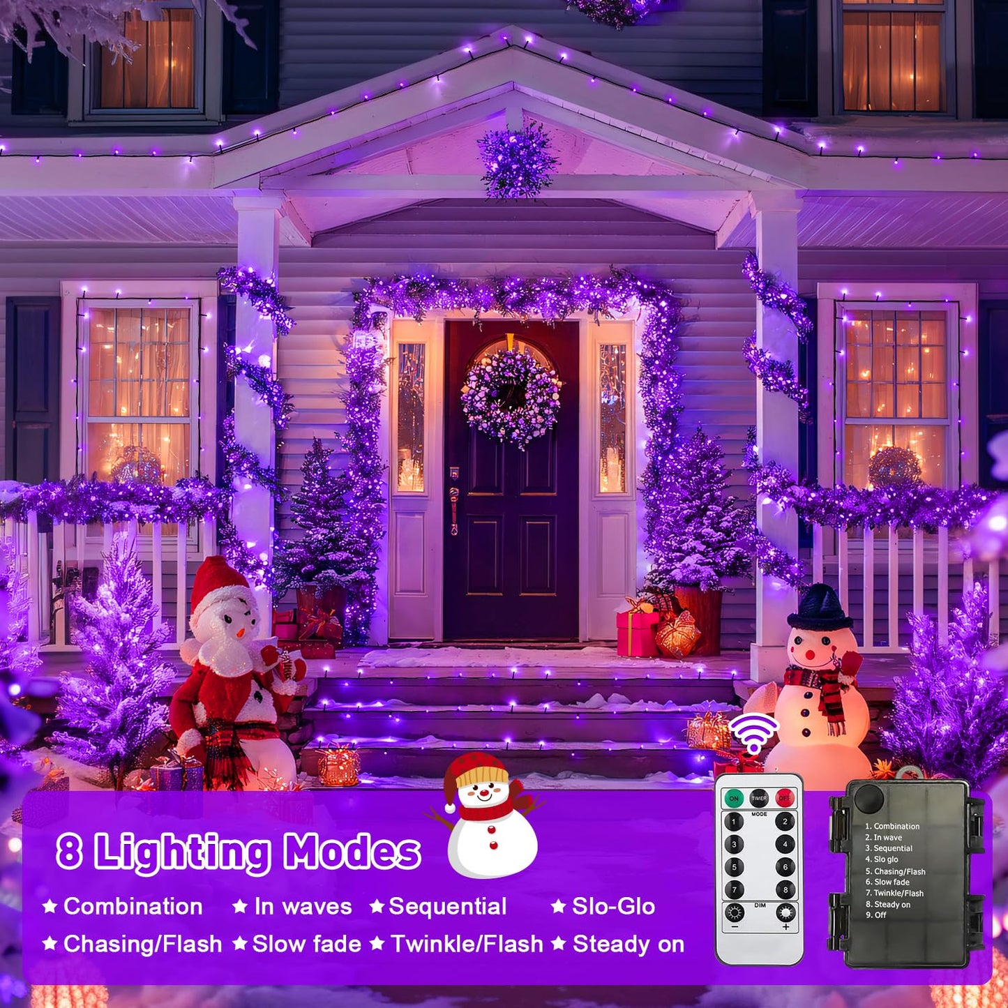 JMEXSUSS Purple Christmas Lights Battery Operated, 2 Pack 100 LED Outdoor Purple String Lights Waterproof, Each 33 FT Christmas Tree Light Indoor for Halloween Decorations Party Porch Garden Decor