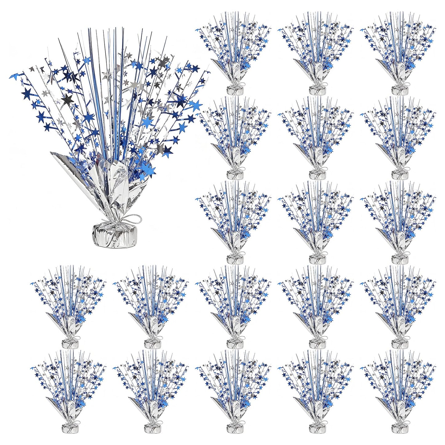 Ohiyoo 20 Pack Blue Silver Foil Spray Centerpiece Star Table Decoration Metallic Burst Table Centerpieces for Birthday Graduation New Year Wedding Anniversary Party Supply (Blue Silver)