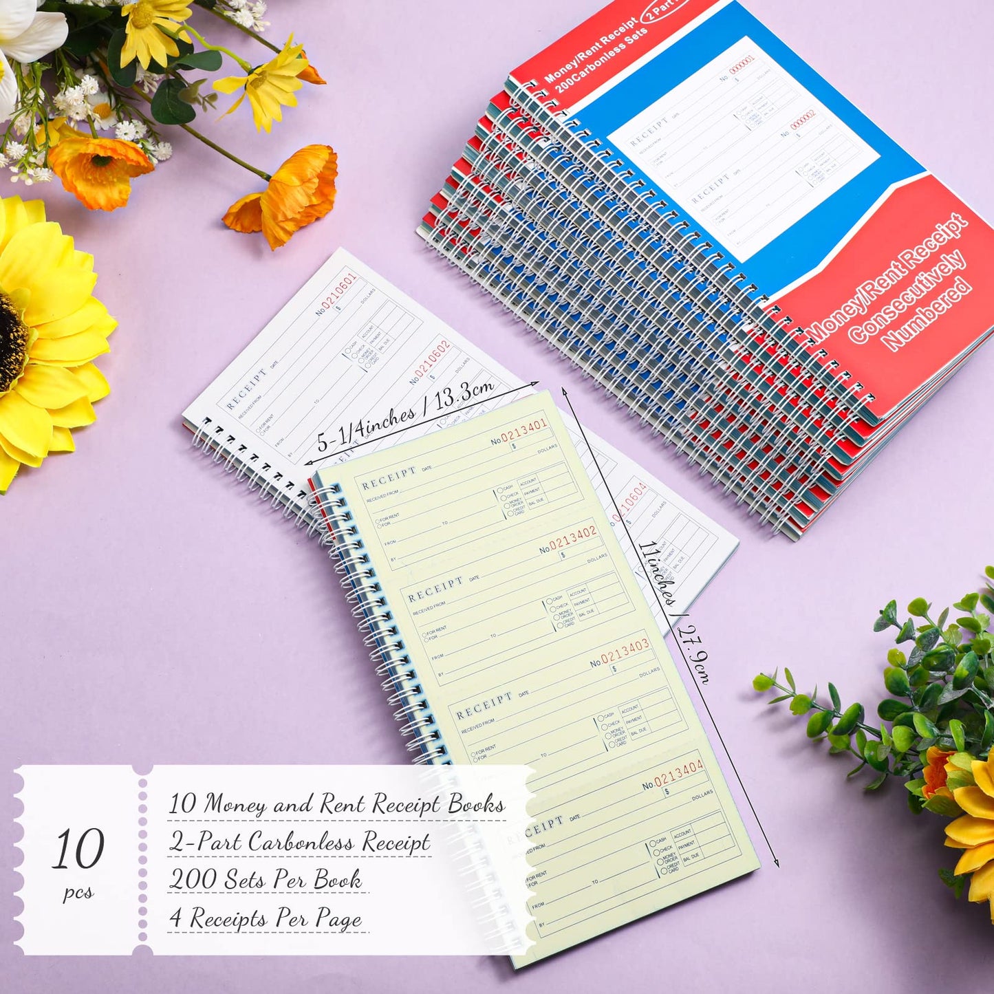 Crtiin 10 Pcs 5-1/4" x 11" Books Money and Rent Receipt Book 2 Part Carbonless Receipt Book with Carbonless Copies Spiral Bound Cover Receipt Log Book 200 Sets Per Book 4 Receipts Per Page