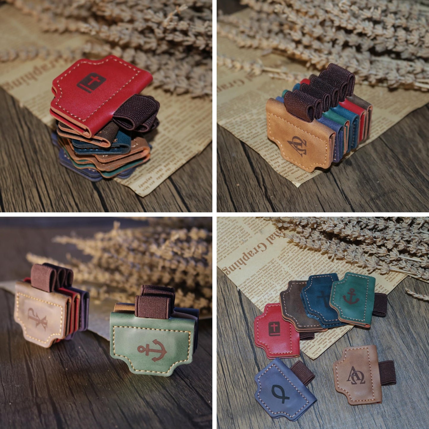 Buyborgood 4 Pcs Personalized Magnetic Leather Bookmark Pen Holder Book Lovers Christian Gifts Bygone Mark for Reading, Red-Bible + Brown-AΩ + Blue-Cross + Green-Anchor