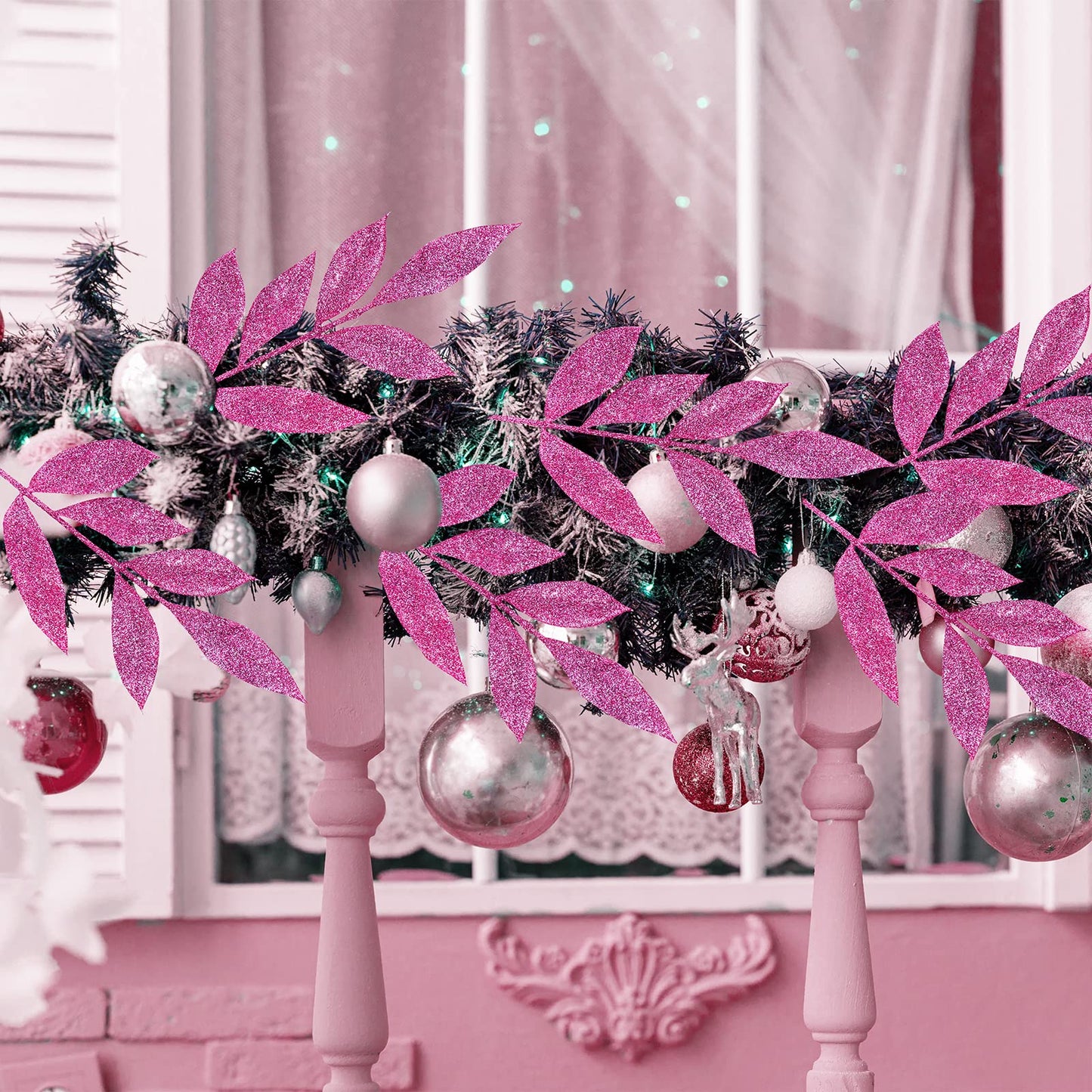 Winlyn 20 Pcs Pink Glitter Bay Leaf Sprays Artificial Christmas Tree Picks Sprays 12.7" Tall for Pink Christmas Tree Wreath Swag Floral Arrangement Winter Wedding Bouquet Centerpiece Decoration