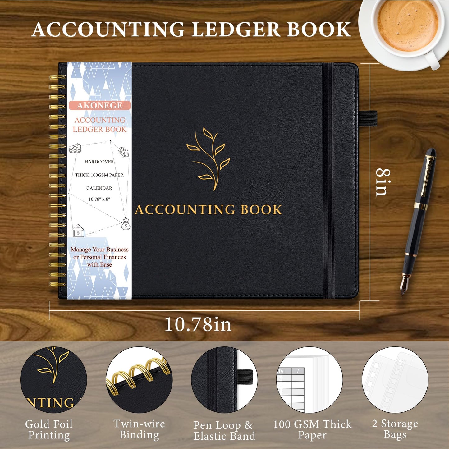 AKONEGE Accounting Ledger Book for Personal & Small Business Bookkeeping, Horizontal Income and Expense Tracker Notebook with Calendar, Hardcover Columnar Log Journal 10.78'' x 8'', Black
