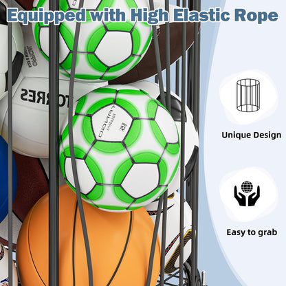 Hencawima Garage Ball Storage: Round Sports Equipment Organizer with Wheels, Sports Ball Rack With Elastic Rope, Ball Holder for Basketball, Soccer, Volleyball, Football, Garage, Gym, Outdoor (Black)
