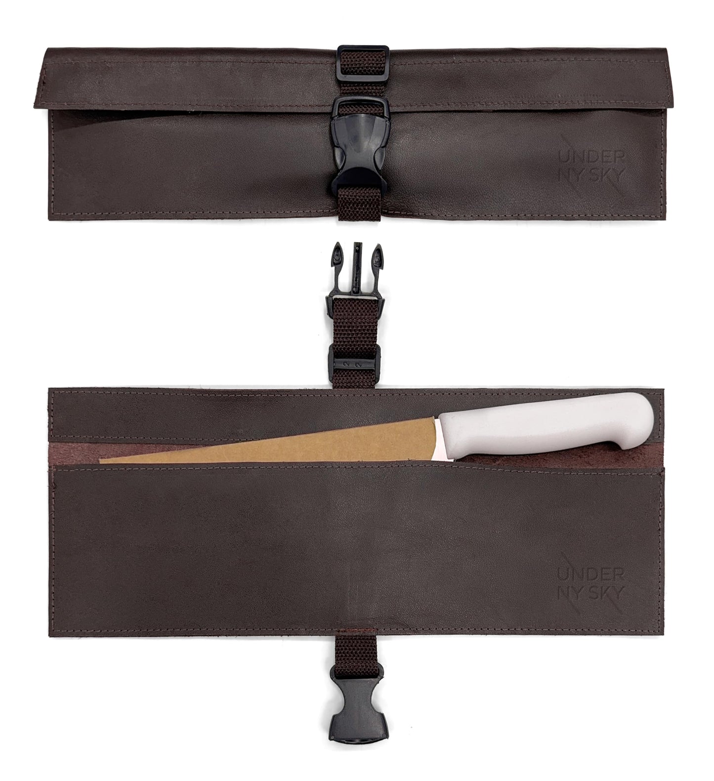 Under NY Sky Genuine Leather Knife Roll Case - 1 Slot - Real Leather Pouch - Portable Bag for Cooking Tools, Utensils, Cutlery Knives, Brushes - Chefs, Kitchen, Travel, Gift - Brown L