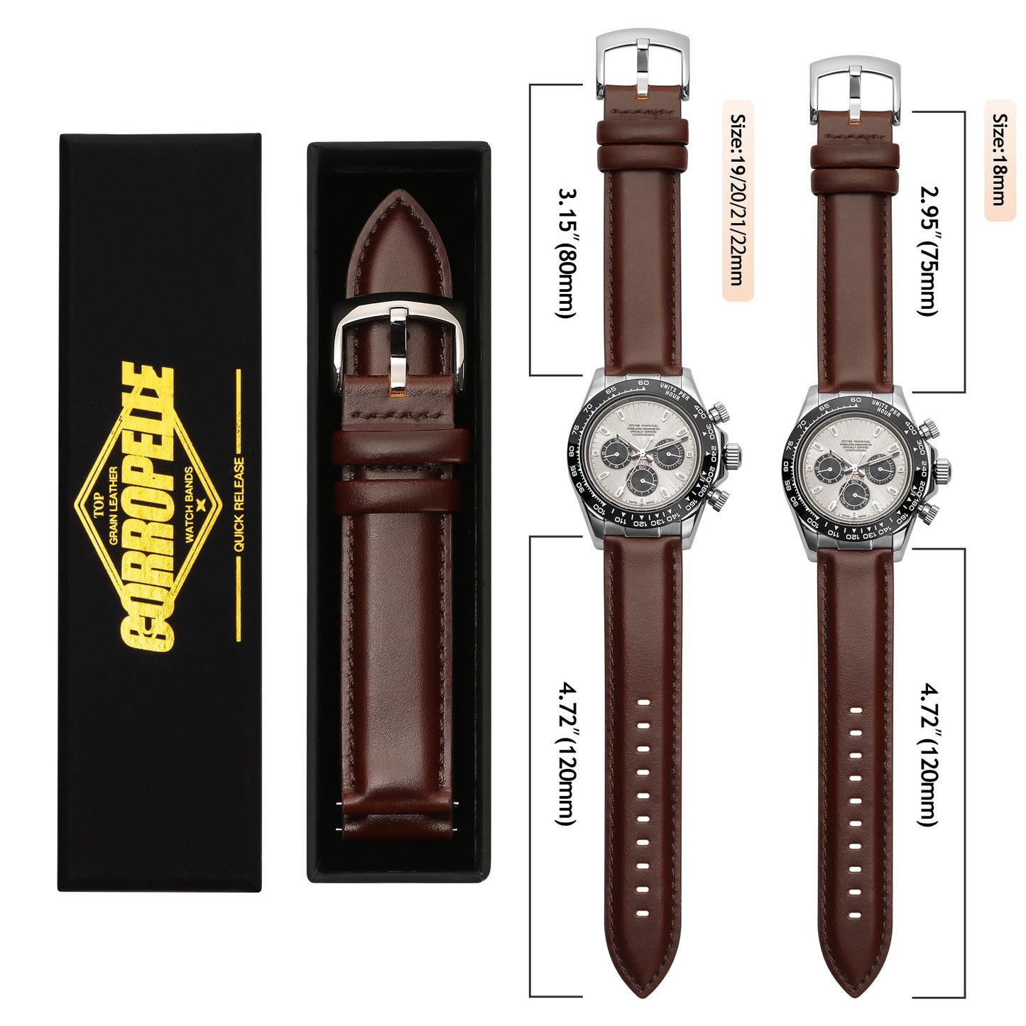 CORROPELLE Leather Watch Bands Quick Release, Elegant Top Grain Leather Watch Straps Band Replacement for Men and Women, Watch and Smartwatch, Choice of Width 18mm 19mm 20mm 21mm 22mm