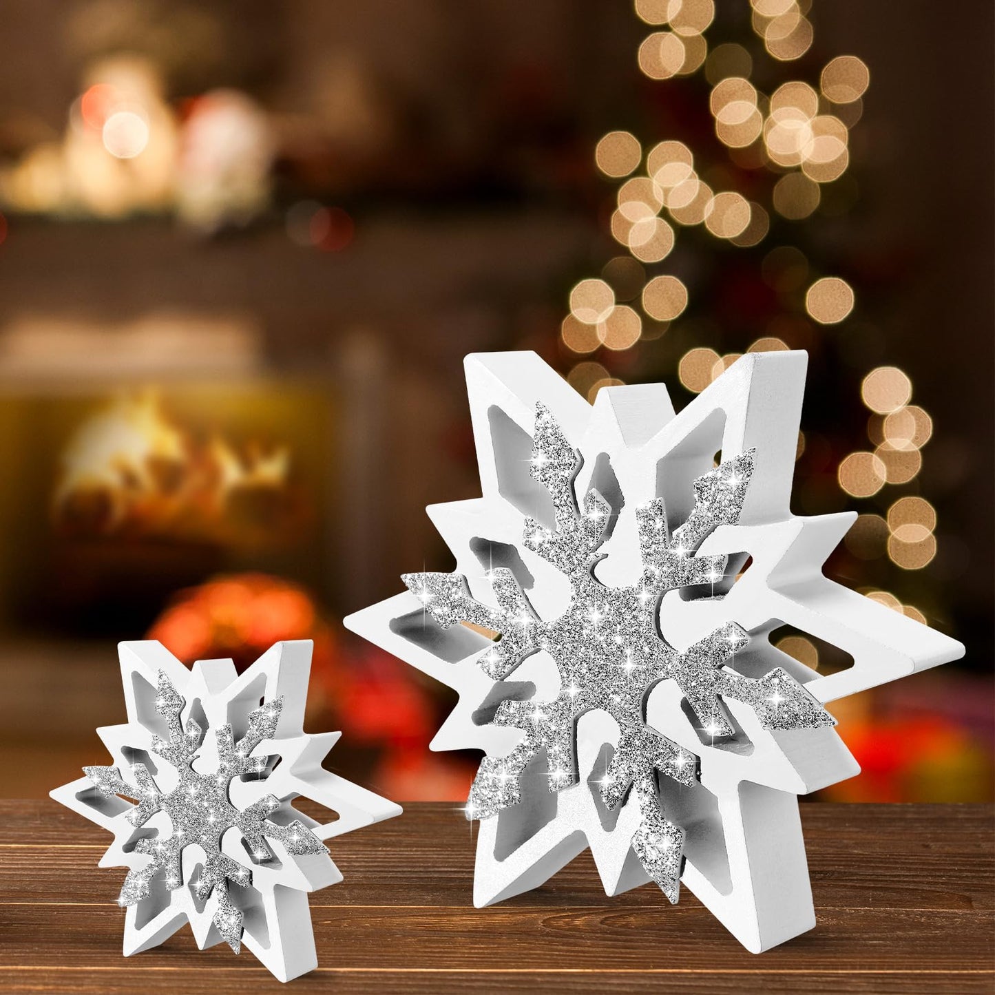 Suzile 5 Pcs Large Christmas Thick Wooden Snowflake Decorations Winter Glitter Snowflake Wood Ornaments Farmhouse Centerpieces Table Signs for Xmas Home Office Table Mantel Fireplace Shelf
