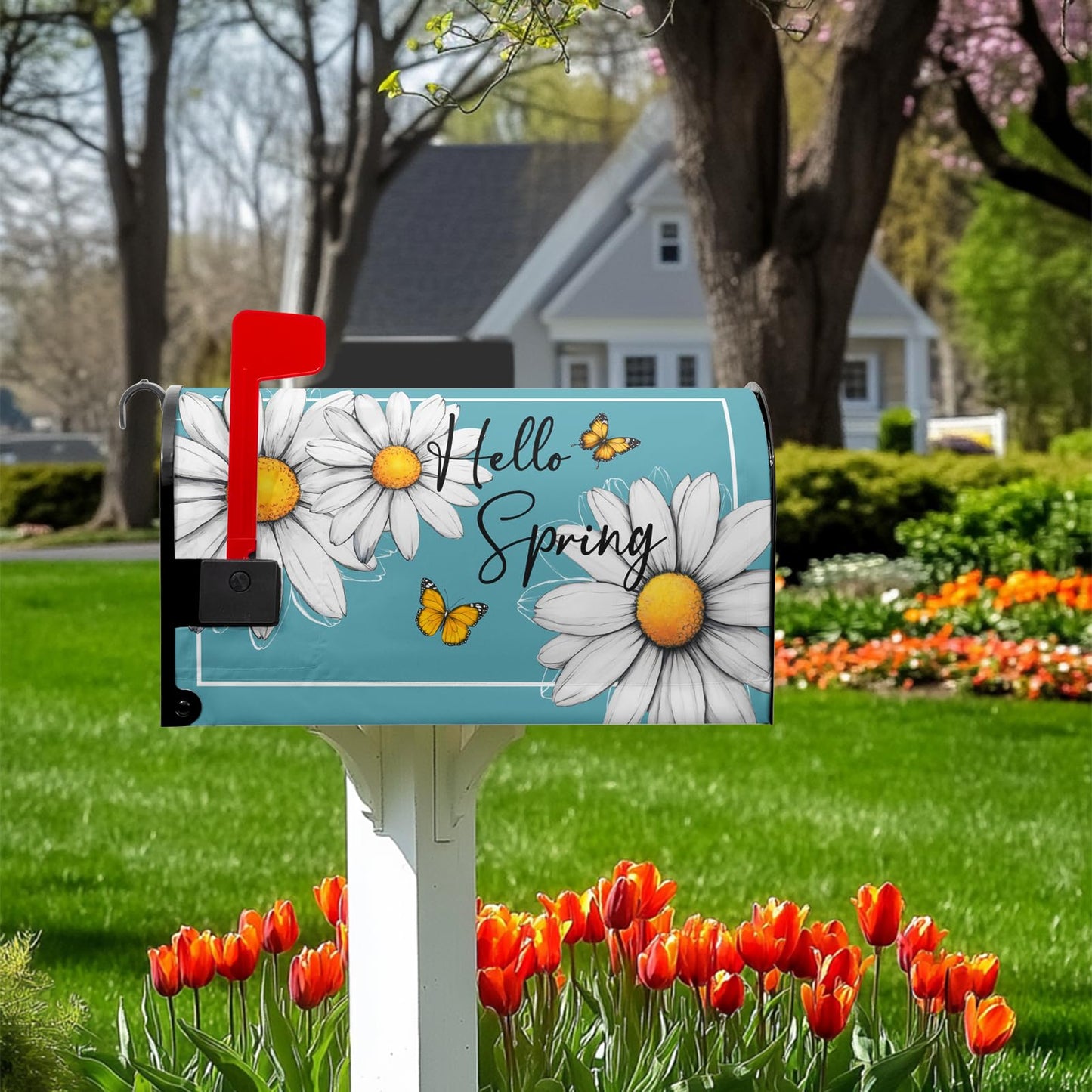 VentuCoven Spring Floral Daisy Mailbox Cover Magnetic Standard Size 21x18 in Floral Butterfly Post Letter Box Cover Decorations for Outside Garden Yard Blue