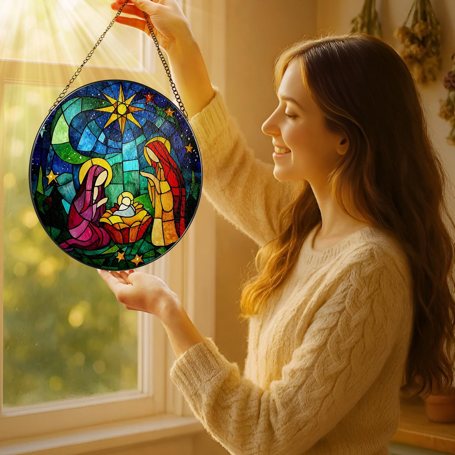 LAOWEIKI 8'' Stained Glass Window Hanging, Nativity Scene Ornament, Religious Ornament, Sun Catcher Window Decor, Christian Holiday Decor, Gifts for Christmas, Christian Gift, Religious Gift