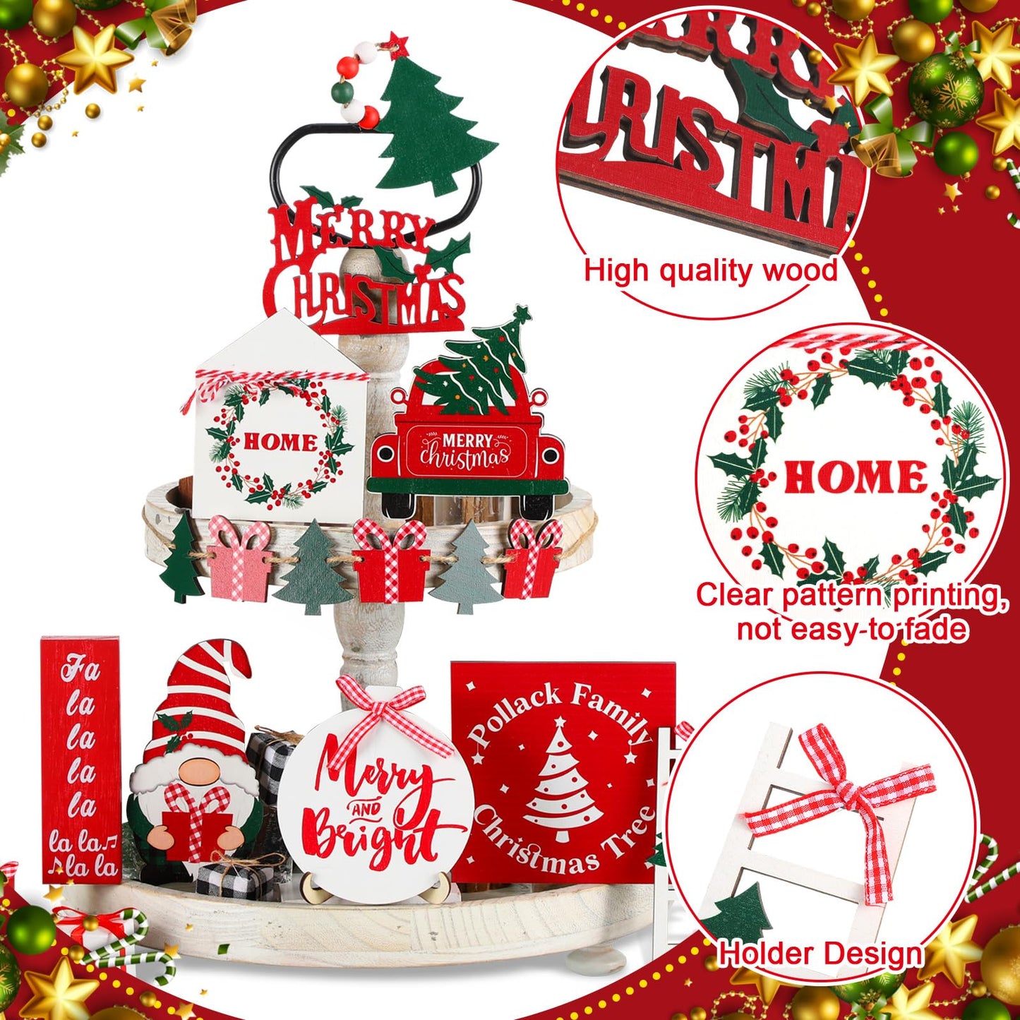 18 Pcs Christmas Tiered Tray Decor Gnome Santa Wood Sign Xmas Tree Table Centerpiece Farmhouse Rustic Table Decor for Winter New Year Home Tabletop
