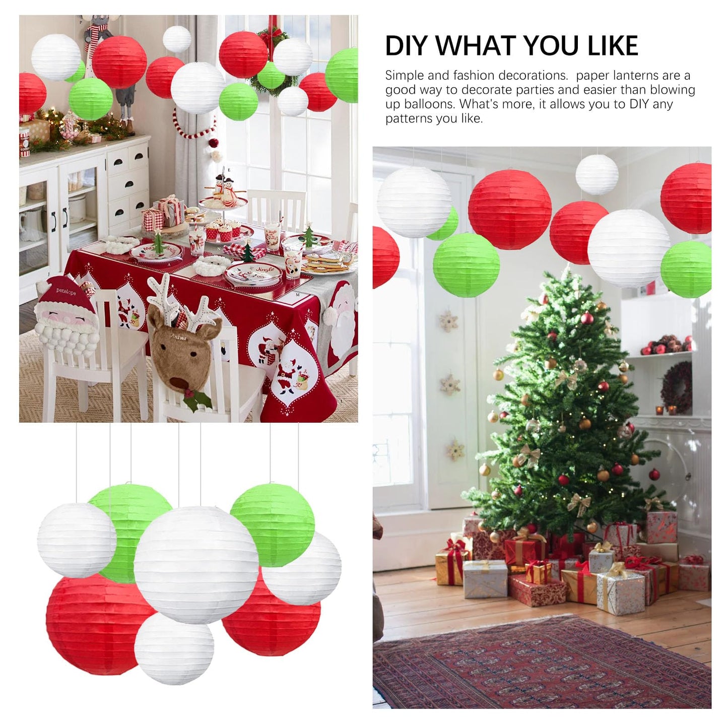 20Pcs Green Red White Paper Lanterns for Parties, 6” 8” 10” 12” Chinese Asian Hanging Round Paper Lanterns for Birthday Wedding Halloween Christmas Home Decor Party Decor