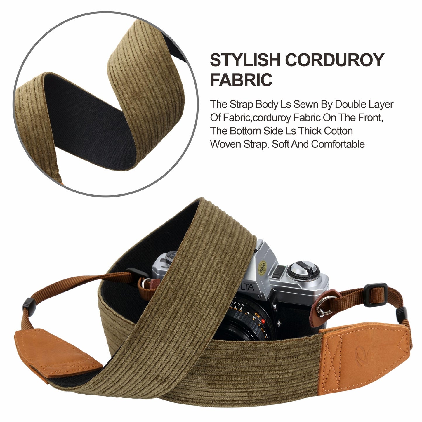 Padwa Lifestyle Olive Green Corduroy Camera Strap - 2" Double Layer Full Grain Cowhide Leather Head Camera Straps for Photographers, Unique Soft Corduroy Fabric with Quick Release fits all Cameras