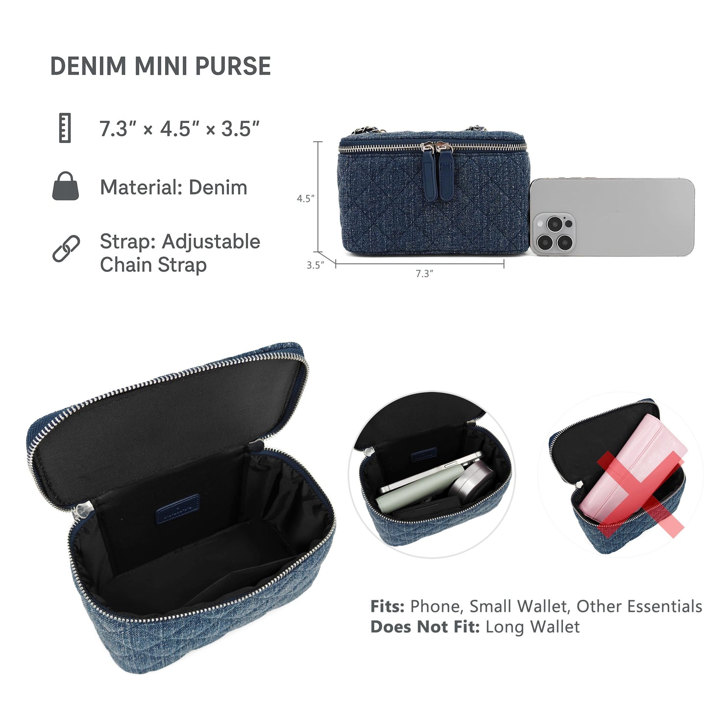 M-ioi-M Quilted Denim Crossbody Bag for Women, Retro Textured Small Jean Purse with Adjustable Silver Chain Strap, Casual Boxy Pouch Shoulder Handbag, Classic Designer Vanity Case Purse (Slub Indigo)