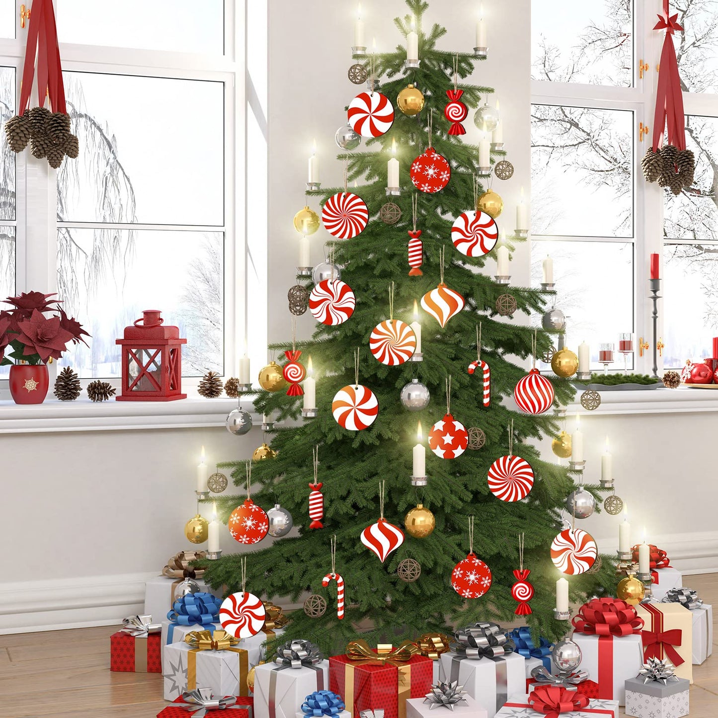 36 Pieces Candy Cane Christmas Ornaments Wood Hanging Decor Xmas Tree Cutouts Peppermint for Home Party Decoration Supplies (Candy Style)