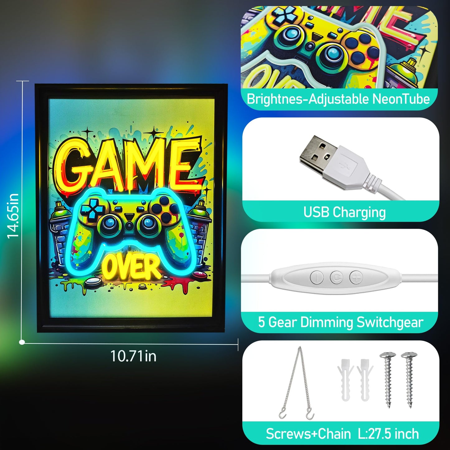 Gamer Neon Sign, Cool Gaming Wall Art Gamepad Shaped Dimmable Watercolor Posters Pictures Colorful Canvas Painting Prints Hang Neon for Wall, Bedroom, Game Room, Man Cave, Boys Birthday Christmas Gift (Gamer 1)