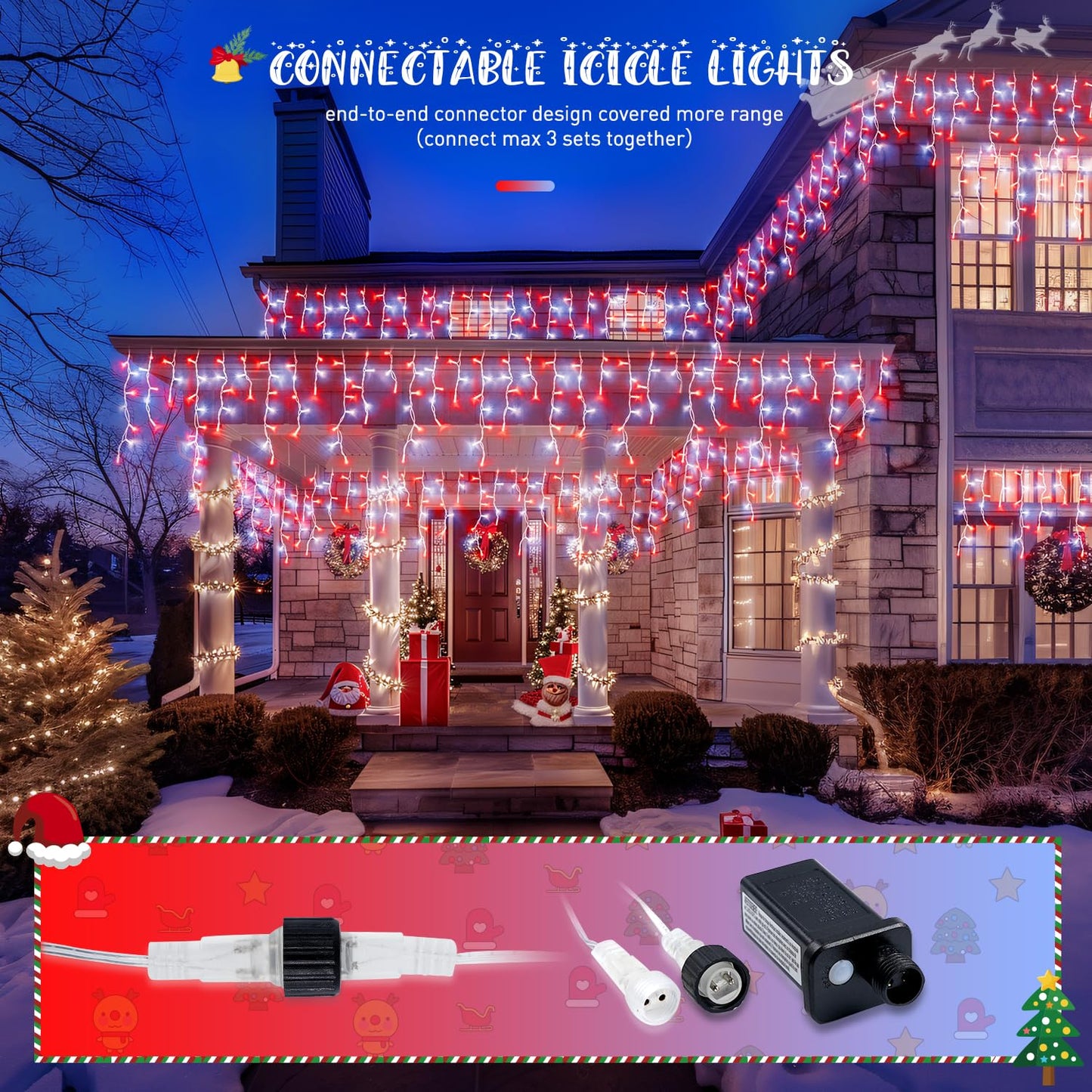 JMEXSUSS 38.8 Ft 400 LED Icicle Christmas Lights for Outside, 8 Modes Red and White Icicle String Lights Plug in with Remote, Christmas Lights Indoor Outdoor for Halloween Party Christmas Decoration