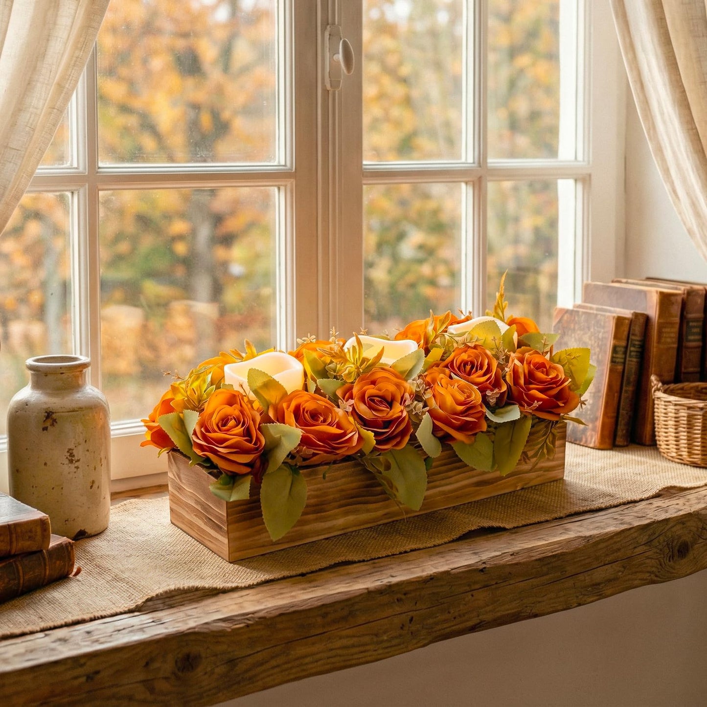 Lumeavetra Centerpiece Table Decorations with 3 Flameless Candle(Battery Not Included), Farmhouse Wood Tray Flower Decoration for Table Kitchen Living Room Wedding Décor