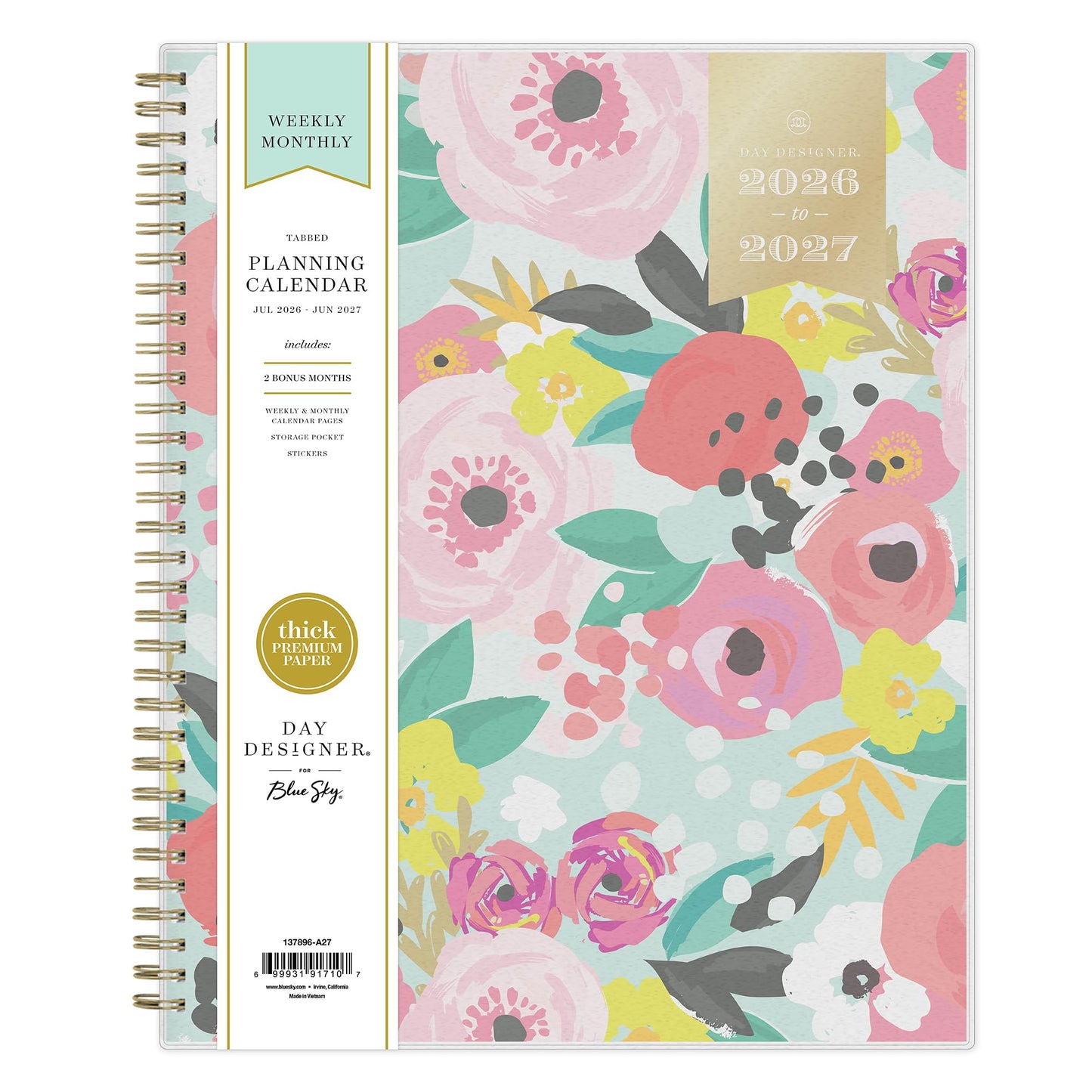 Blue Sky Day Designer 2026-2027 Weekly and Monthly Academic Year Planner Calendar, July 2026 - June 2027, 8.5" x 11", Flexible Cover, Laminated Tabs, Storage Pocket, Includes Stickers, Secret Garden Mint