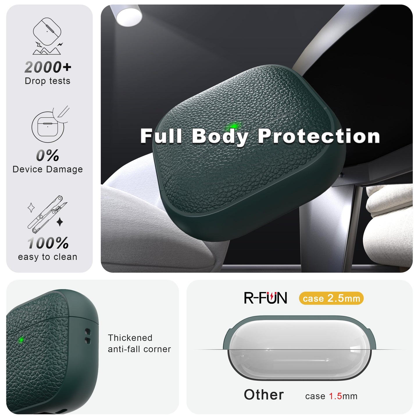 R-fun for Airpods 4 Case, Soft TPU (Leather-Like Design) Drop Protection Cover for Men and Women with Lanyard and Cleaner Kit, Compatible with Apple Latest Airpods 4th Gen(USB-C)(2024)-Green