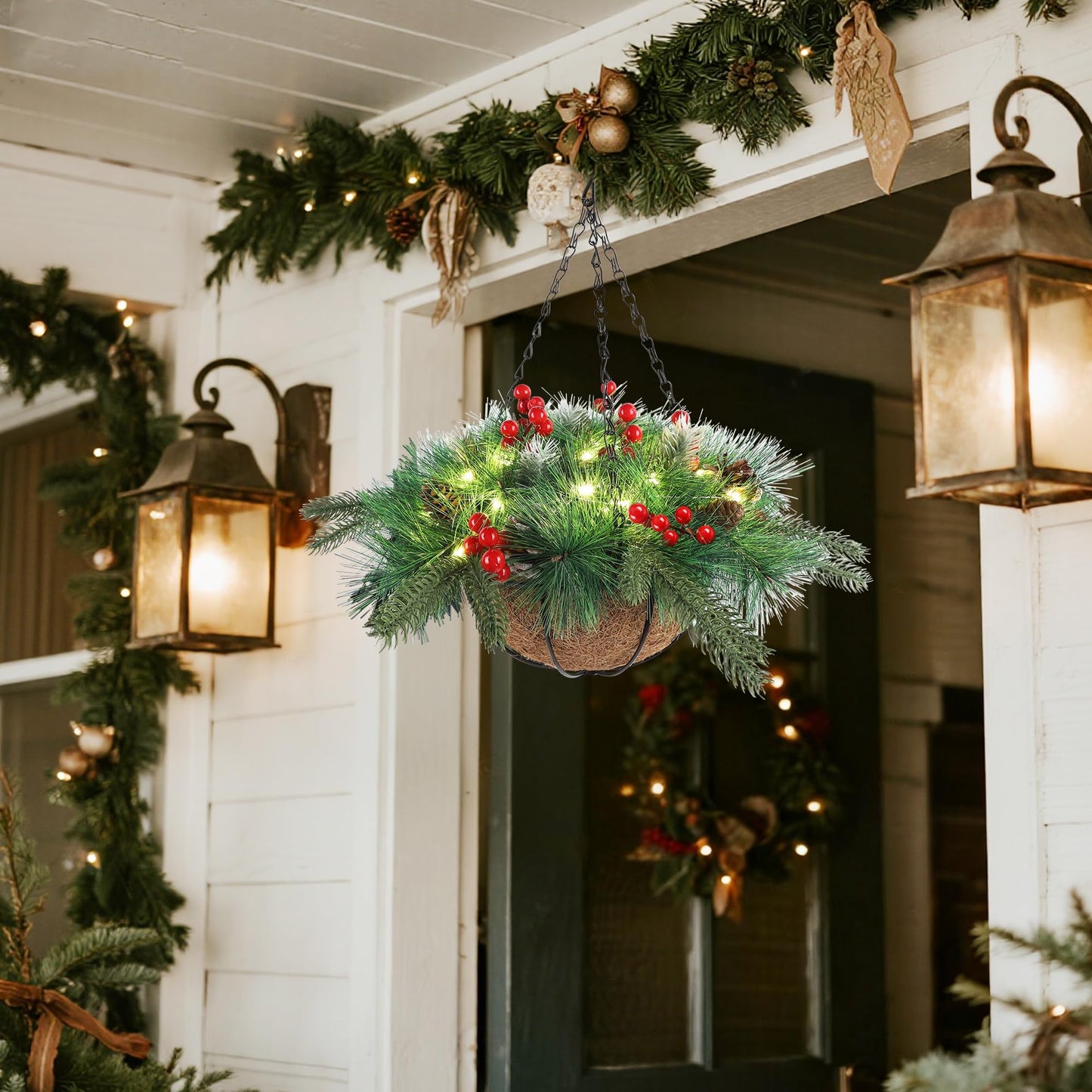 winemana Pre-Lit Artificial Christmas Hanging Basket Outdoor Decoration with Pine Cones & Red Berry Clusters, Battery Powered with Timer Lighted Branches Faux Plants for Outside Porch Front Door