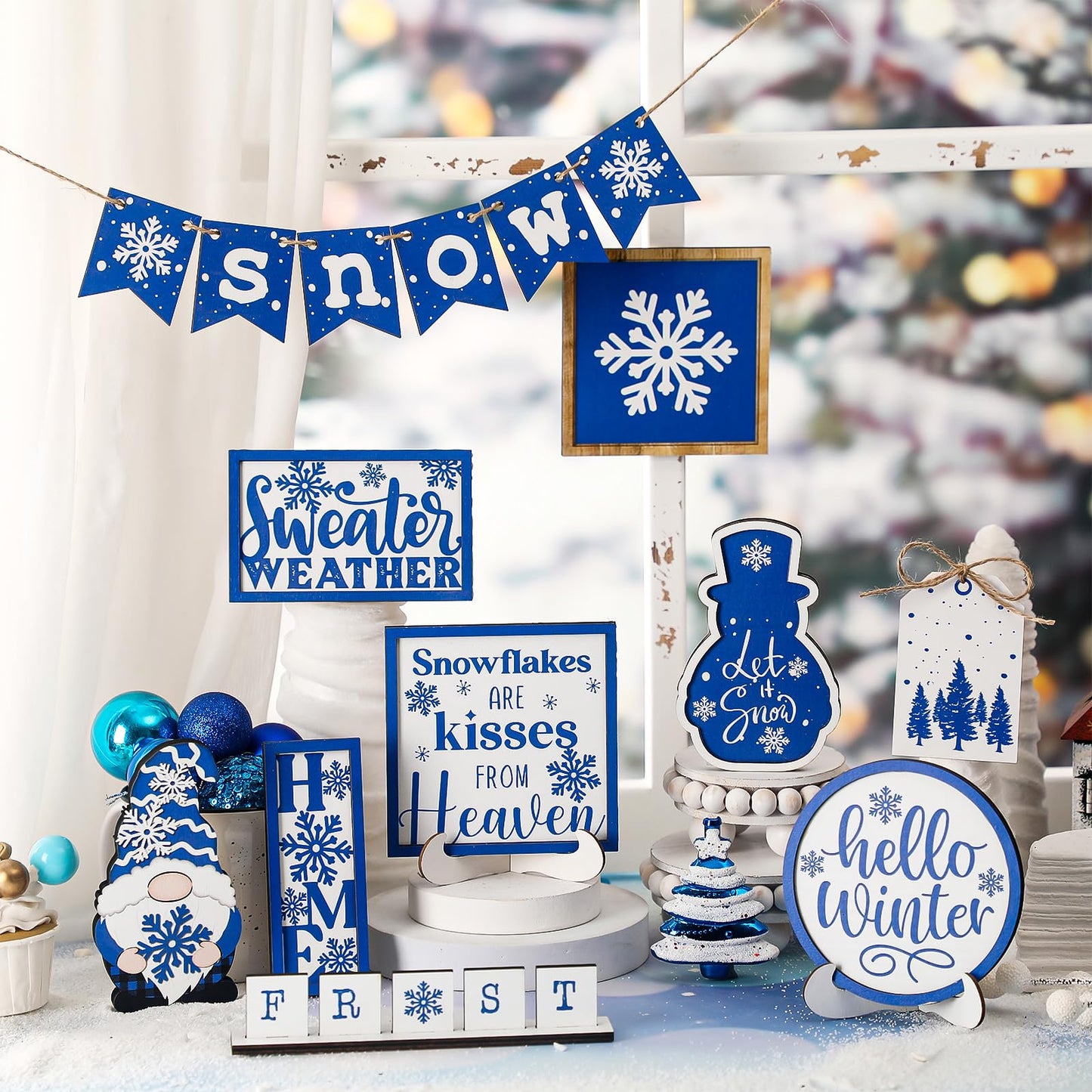 FairySandy Winter Tiered Tray Decor Set Hello Winter Snowman Wooden Signs Snowflake Decorations Rustic Farmhouse Blocks Sign for Home Table Harvest Holiday
