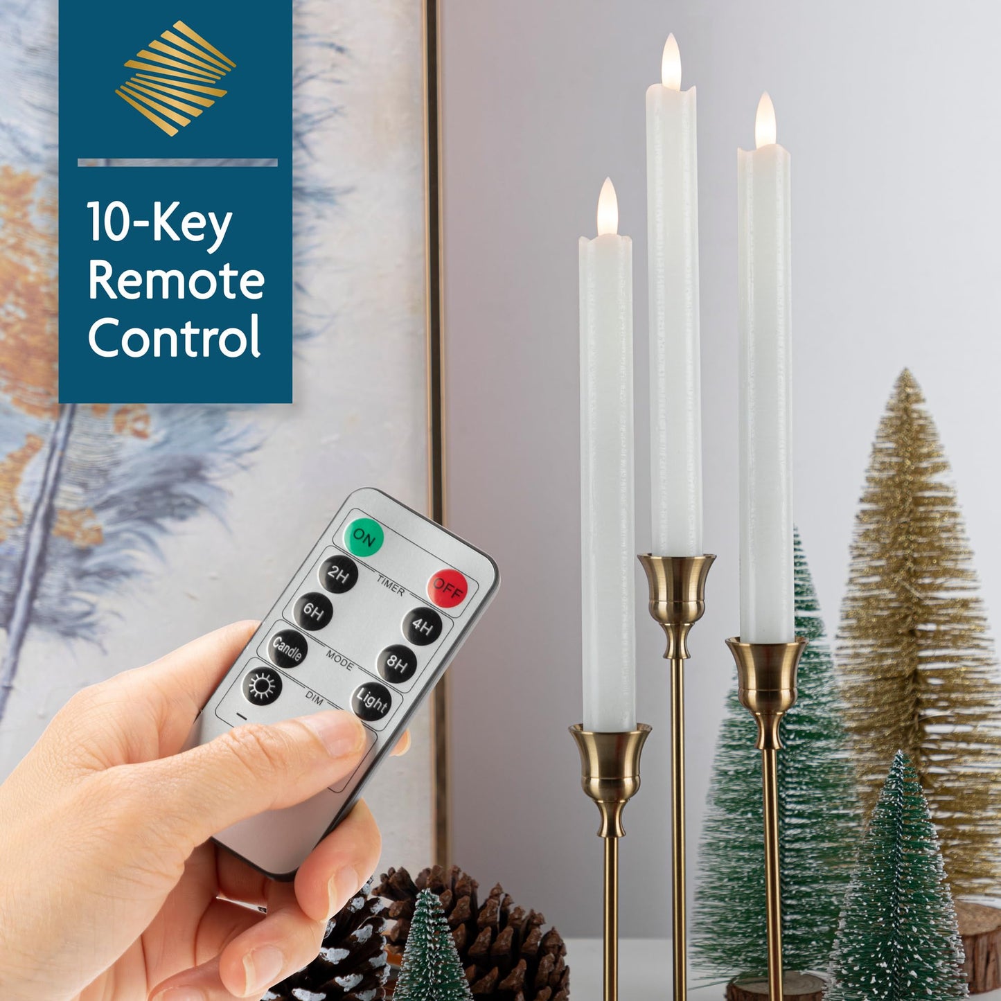 SEHNSY Flameless Taper Candles with Remote, Real Wax Battery Operated LED Candles Set with 3D Flickering Flame, 9.6" Realistic Dripless Candlesticks for Wedding Home Decor, 3 Pack White