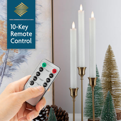 SEHNSY Flameless Taper Candles with Remote, Real Wax Battery Operated LED Candles Set with 3D Flickering Flame, 9.6" Realistic Dripless Candlesticks for Wedding Home Decor, 3 Pack White