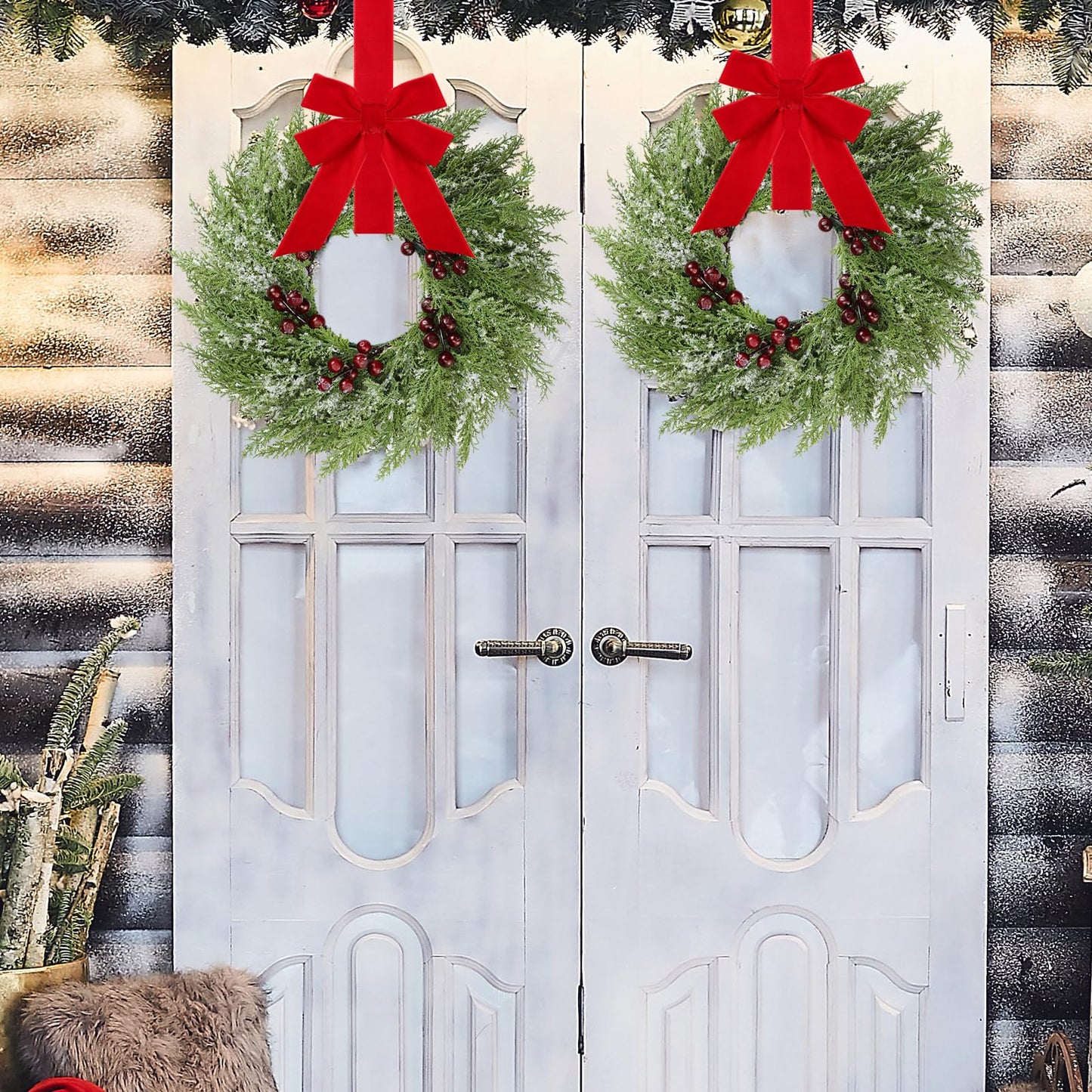 4 Pcs Small Christmas Norfolk Wreaths 15 Inch Christmas Kitchen Cabinet Mini Wreath with Bow Ribbon Cedar Berry for Xmas Front Door Window Chair Fireplace Table Pillar Farmhouse