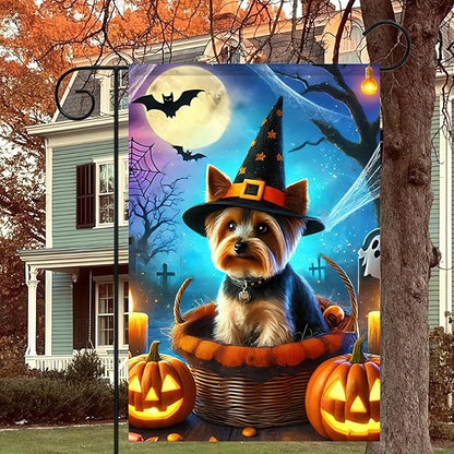 Halloween Garden Flag Yorkie Witch Hat Garden Flag Polyester 12x18 Inch Fall Winter Holiday Decor Outdoor Yard, Patio, Farmhouse Decoration No Flagpole