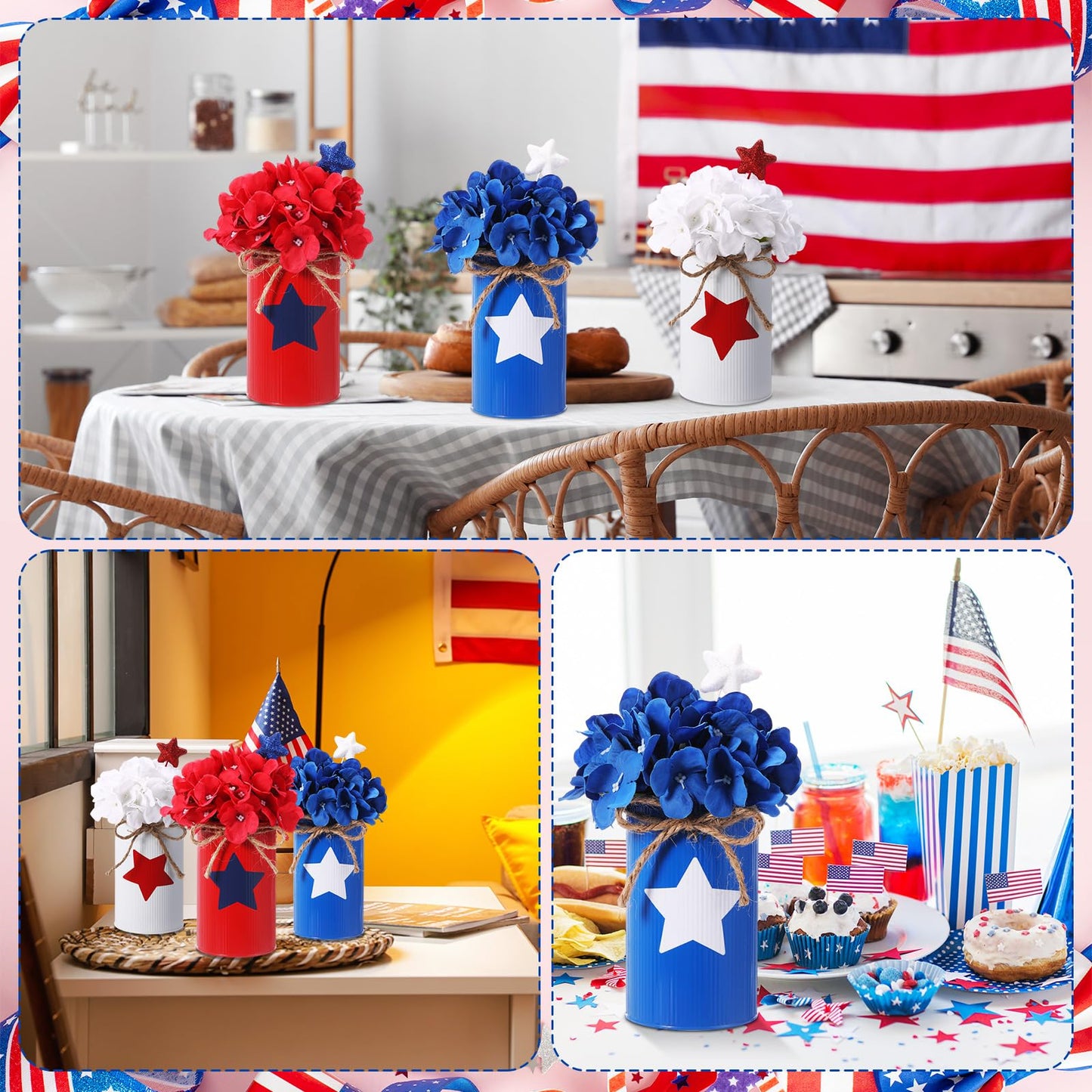 SiliFine 6 Sets 4th of July Decoration Patriotic Centerpiece for Table Include 6 Silk Artificial Hydrangeas Flower 6 Red Blue White Star Glitter Berry Pick 6 Metal Vase for 250th Anniversary Party