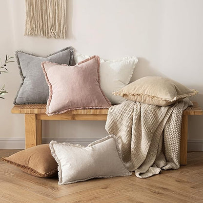 MIULEE Decorative Throw Pillow Covers Neutral Linen Fringe Throw Pillows Set of 2 Light Pink Boho Farmhouse Cushion Covers for Couch Sofa Bed Living Room Spring Home Decor 18x18 Inch