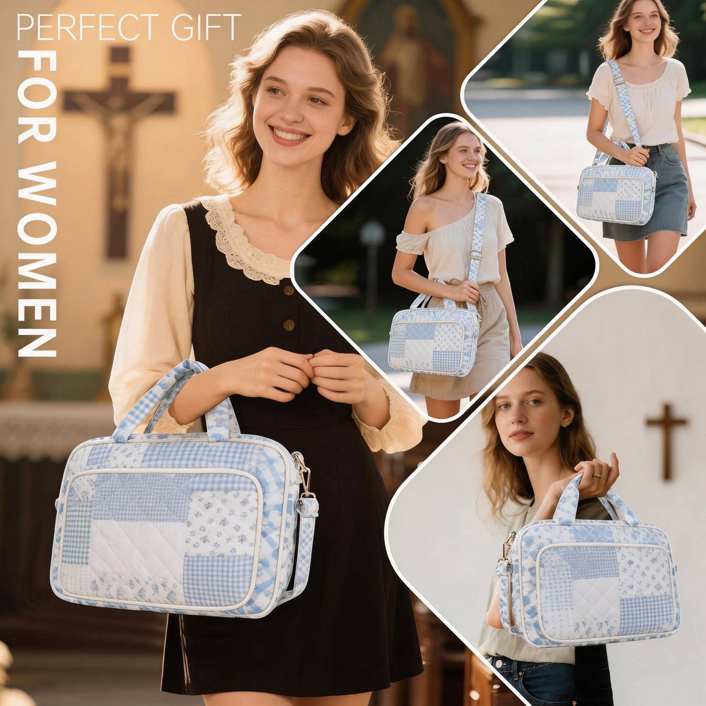 Bible Cover Case for Women Bible Study Supplies Christian Gifts for Women Church Camp Essentials Christian Bible Journaling Kit Quilted Large Bible Cover (Spliced Blue Flower, Large)