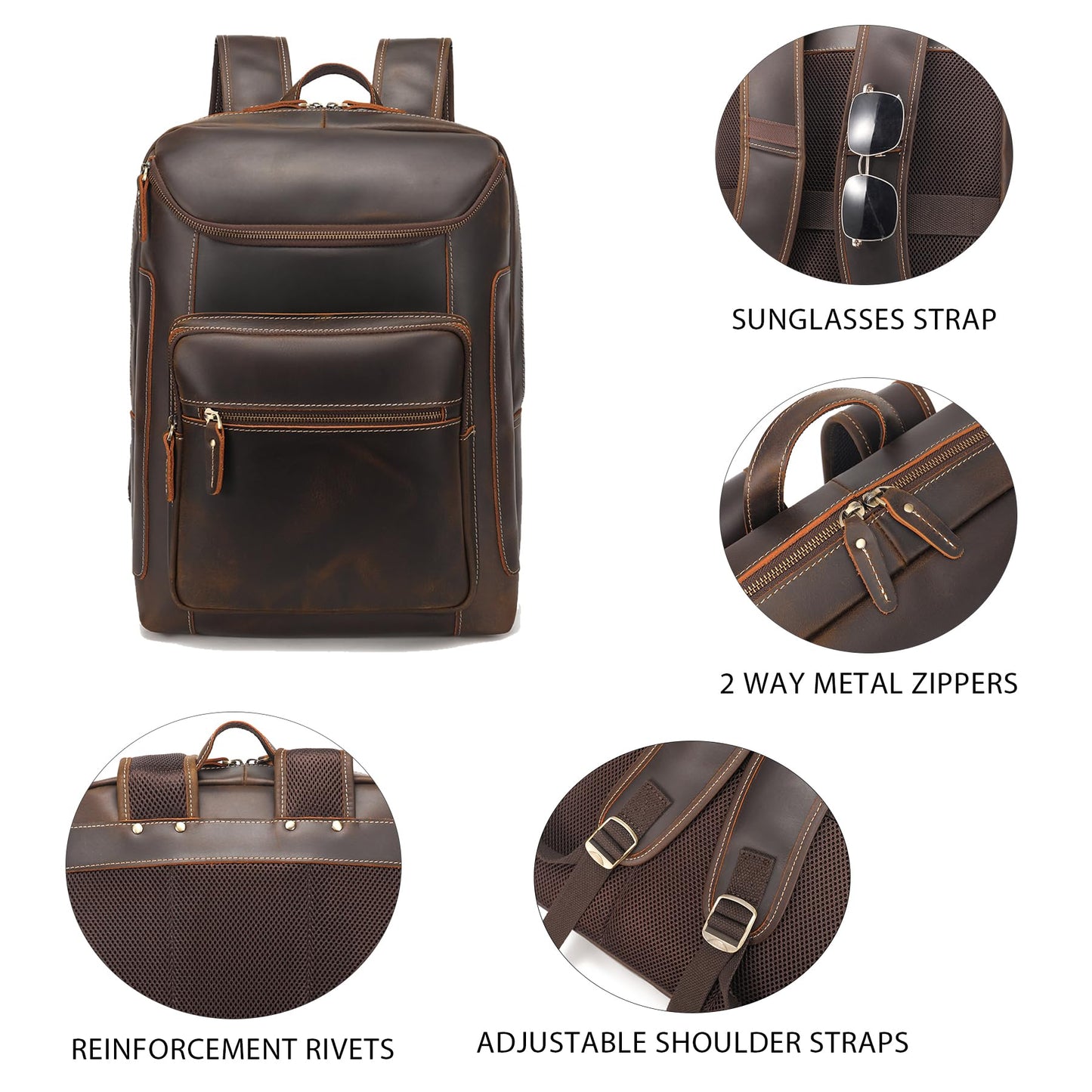 LANNSYNE Full Grain Leather Backpack For Men, 17" Laptop Backpack, Casual Outdoor Business Travel Rucksack, YKK Zippers