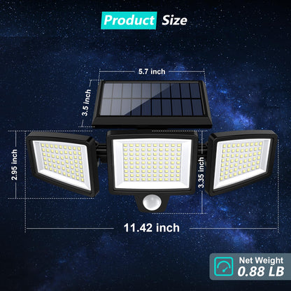 Tuffenough Solar Outdoor Lights 2500LM 210 LED Security Lights with Remote Control,3 Heads Motion Sensor Lights, IP65 Waterproof,270° Wide Angle Flood Wall Lights with 3 Modes (1 Pack)