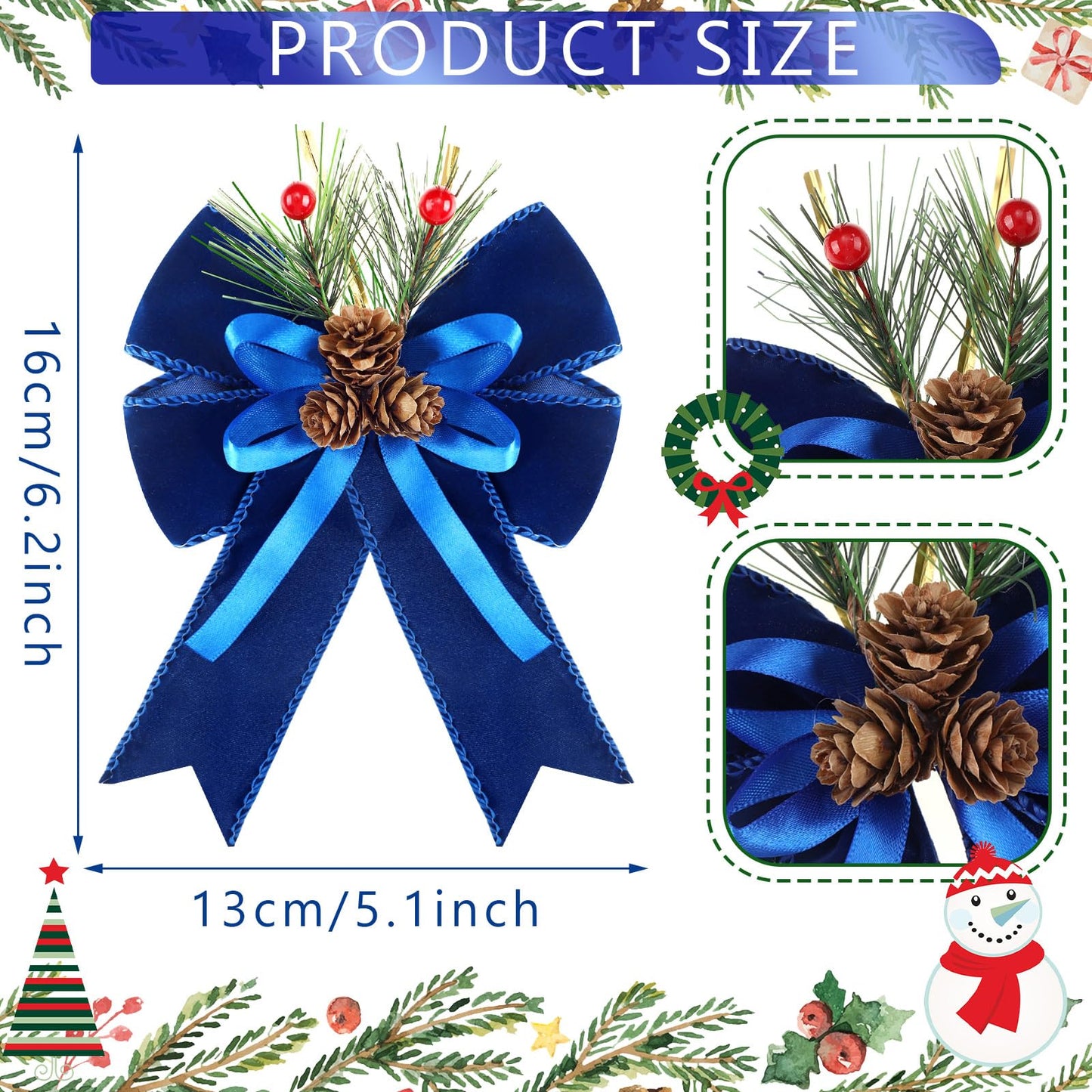 Syhood 6 Pcs Christmas Bows with Pine Cones Pine Needles Xmas Blue Velvet Bows Blue Velvet Ribbon Christmas Tree Wreath Decoration for Xmas Parties Indoor Outdoor Crafts DIY Decor