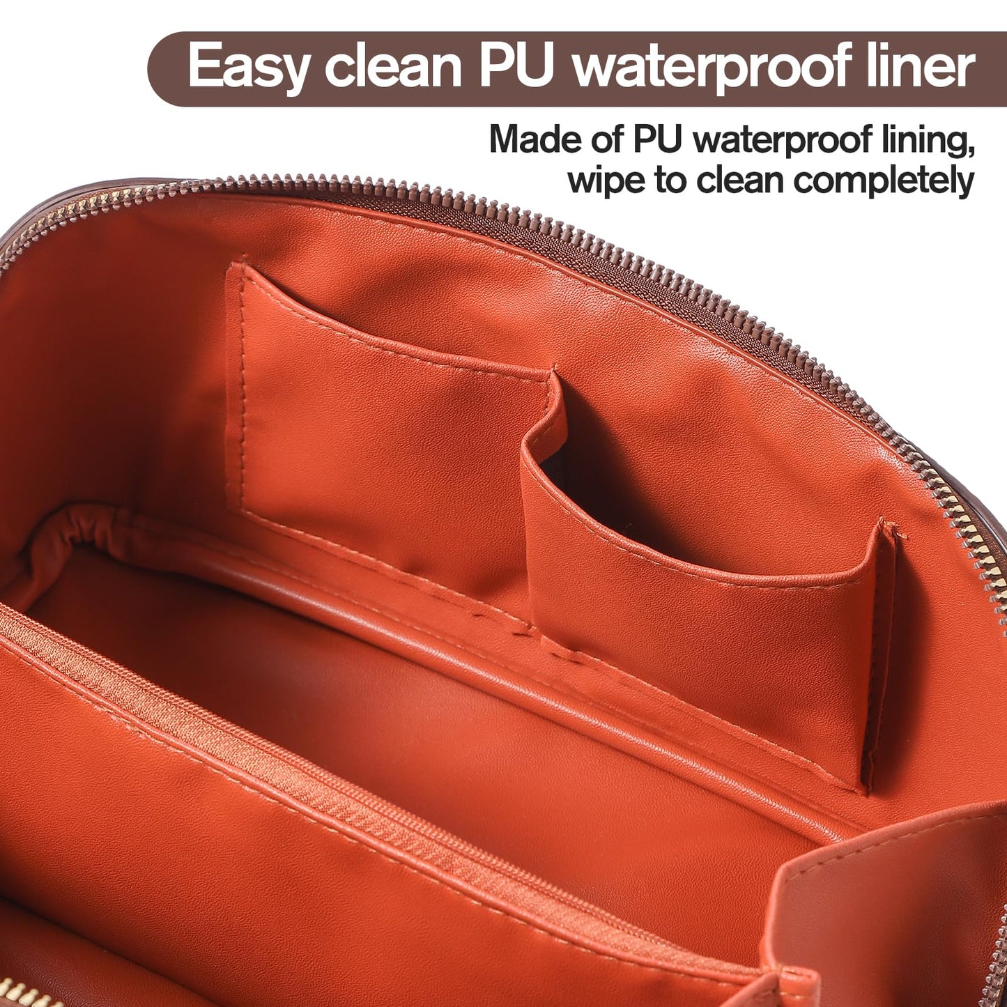 Cuteseason PU Leather Makeup Bag for Women, Structured Makeup Case with Wide Opening, Travel Cosmetic Bag with Compartments and Handle, Water-Resistant Makeup Organizer(Khaki, Lychee Grain)